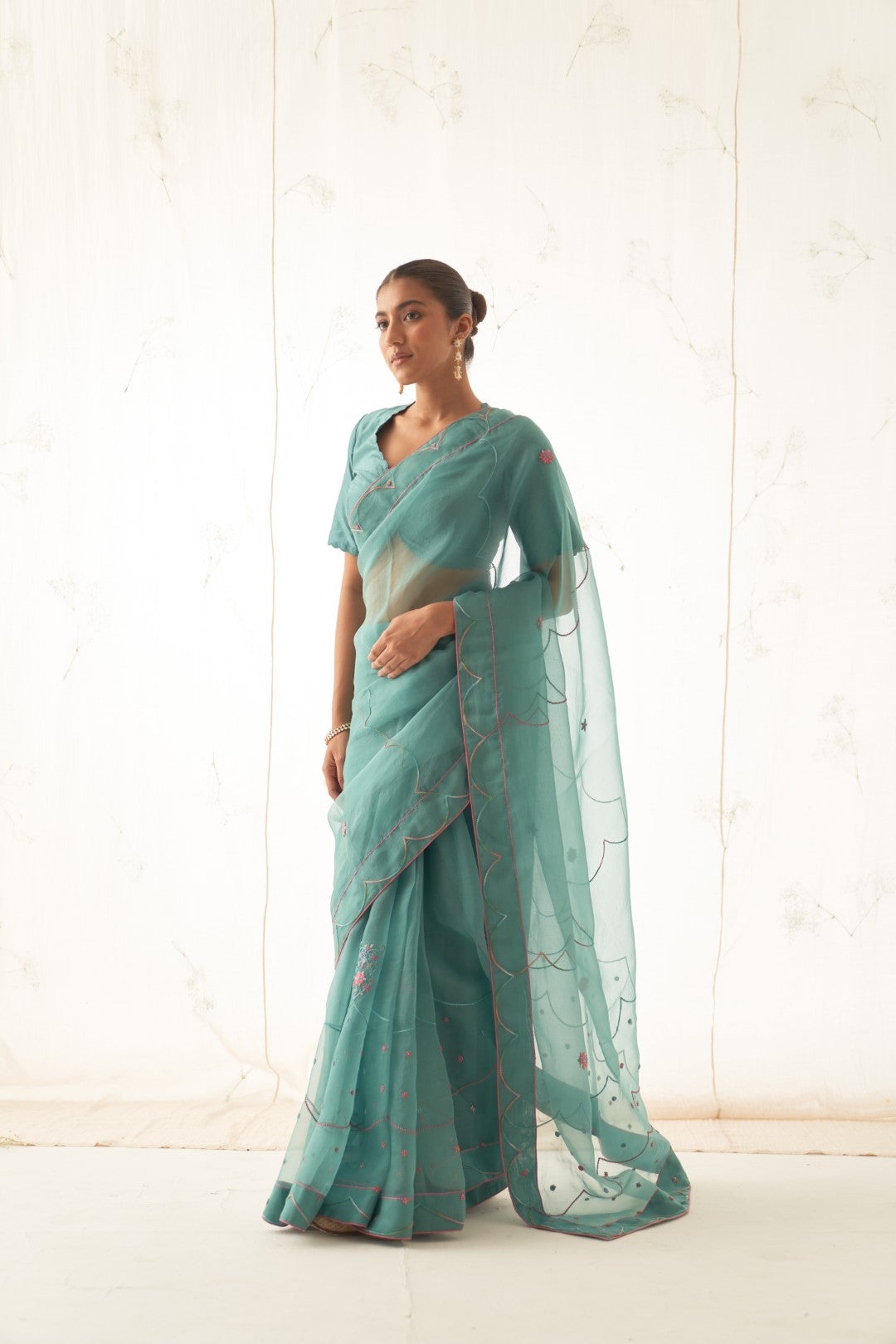 Teal Organza Saree Set Comes With Silk Stitched Blouse and Organic Cotton Stitched Petticoat (03 Pcs. )