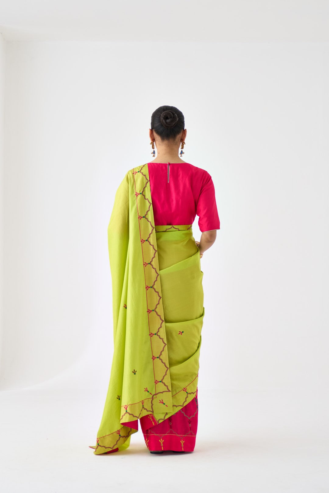 Lime Green & Fuchsia Embroidered Saree Paired with Organic Cotton Stitched Petticoat (02 Pcs.)