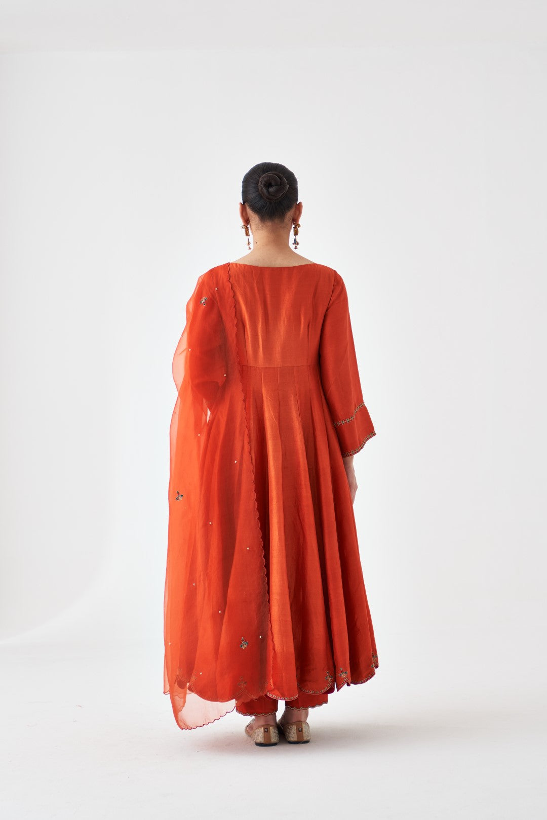Rust Silk Dupion Embroidered Anarkali paired with pant and organza dupatta (03 Pcs.)