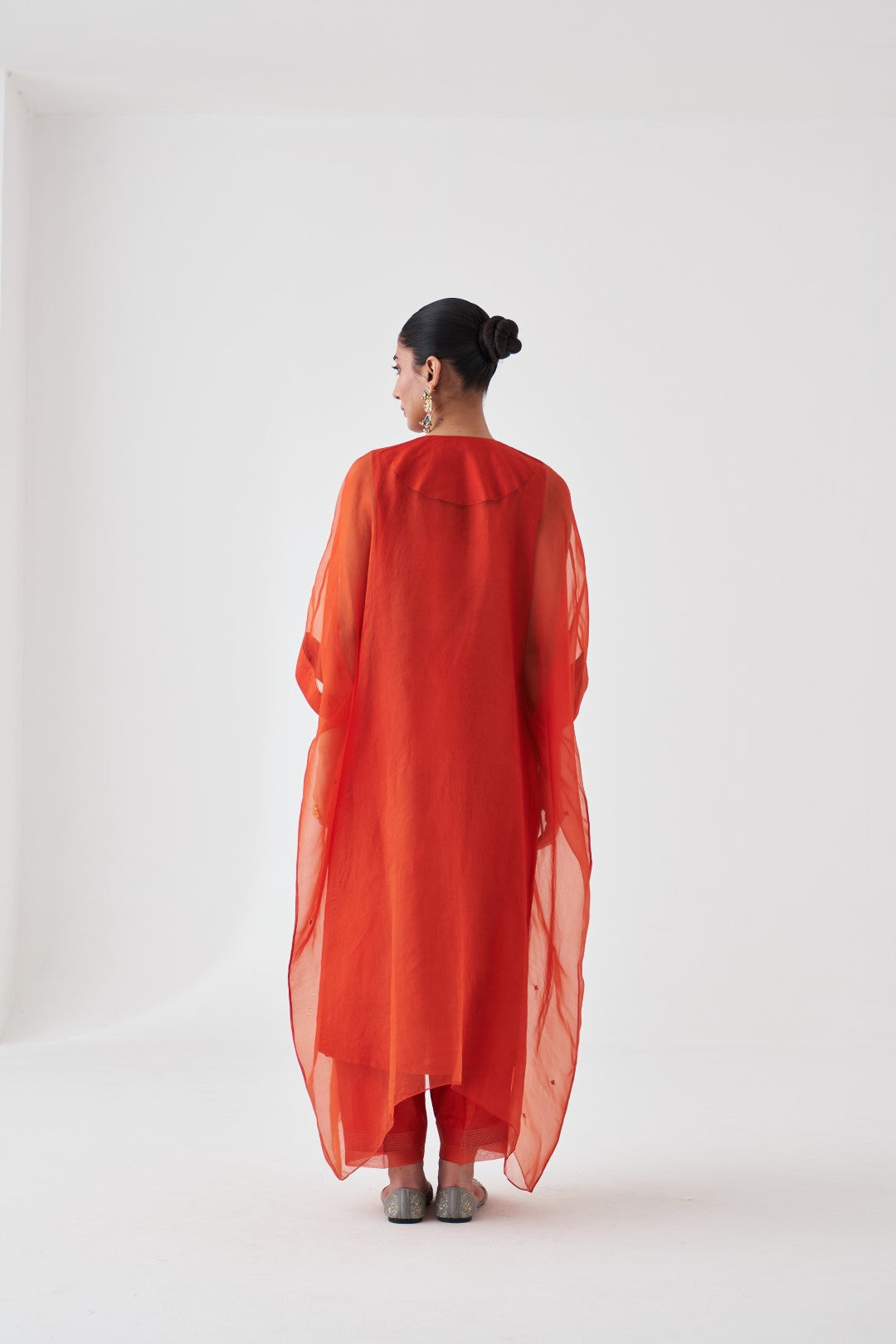 Rust Organza Embroidered Kaftan Paired with Silk Slip & Silk Pant (03 Pcs.)