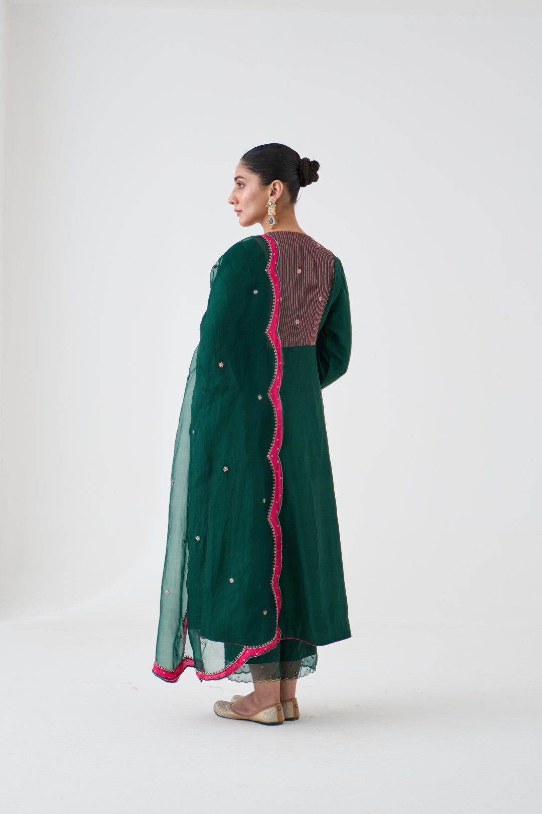 Dark Green Embroidered Angrakha with Silk Pant & Organza Dupatta (03 PCS.)