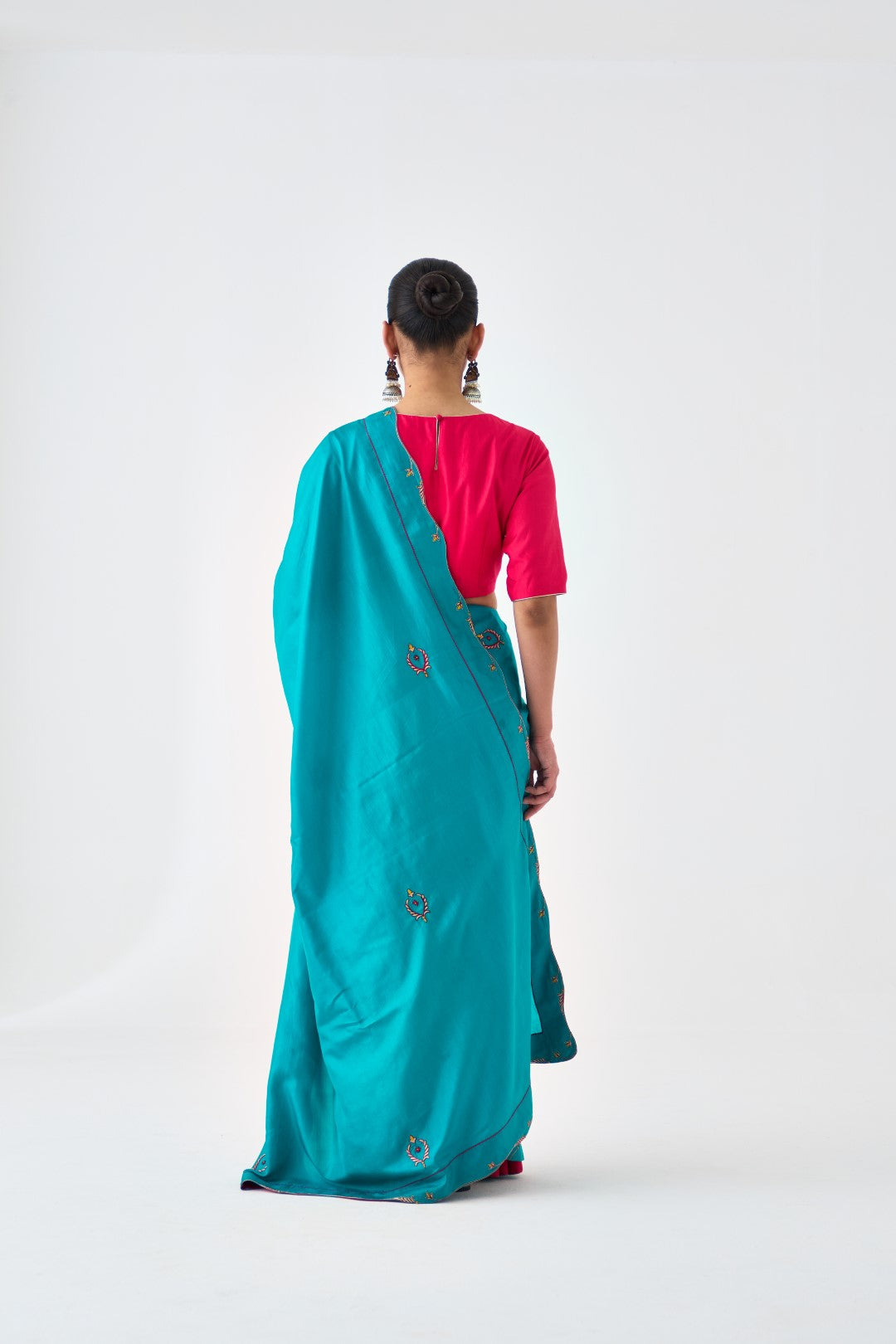 Turquoise Silk Embroidered Saree Paired with Organic Cotton Stitched Petticoat (02 pcs.)