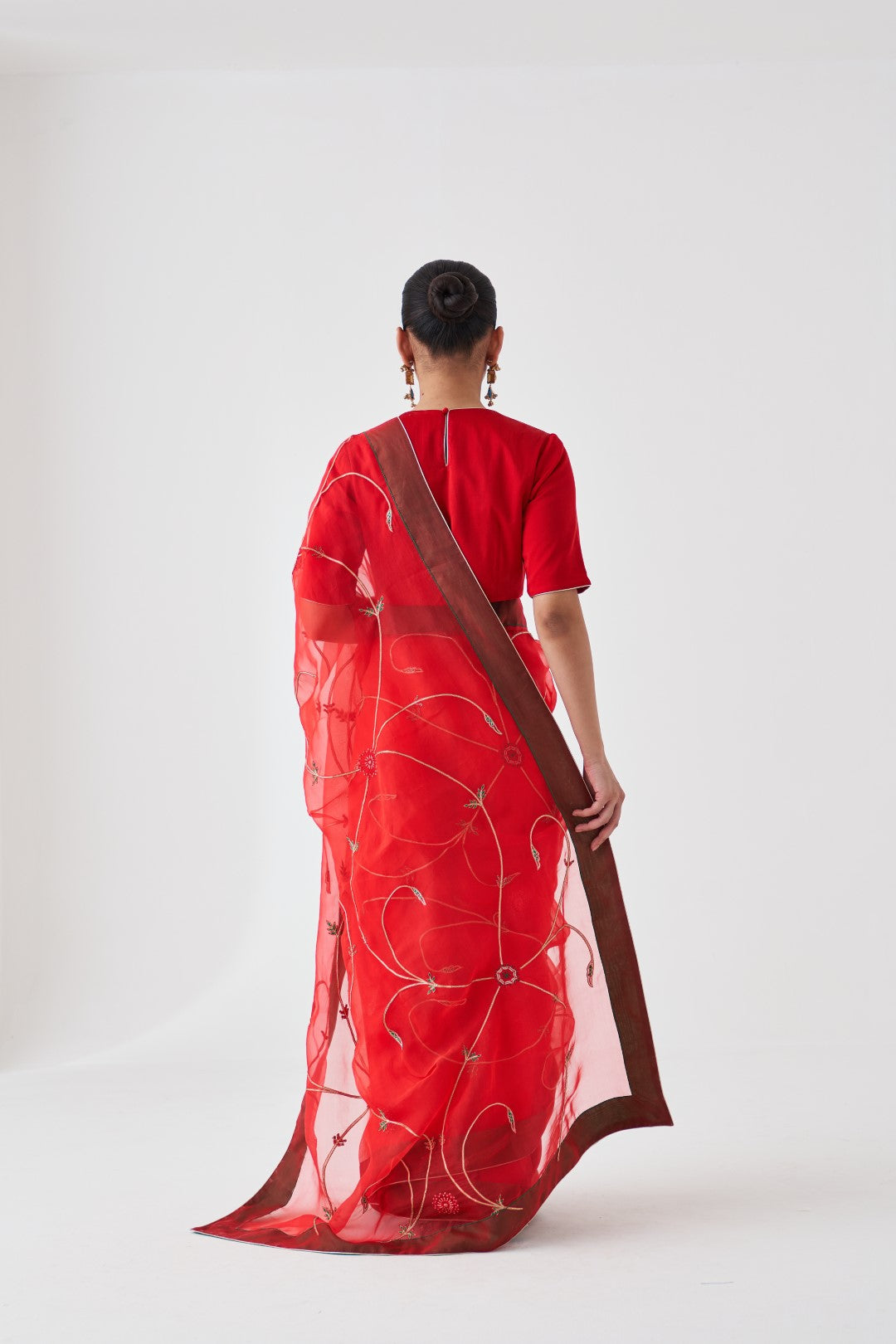 Red Organza Saree with Jaal Embroidery and Organic Cotton Stitched Petticoat (2-Piece Set)
