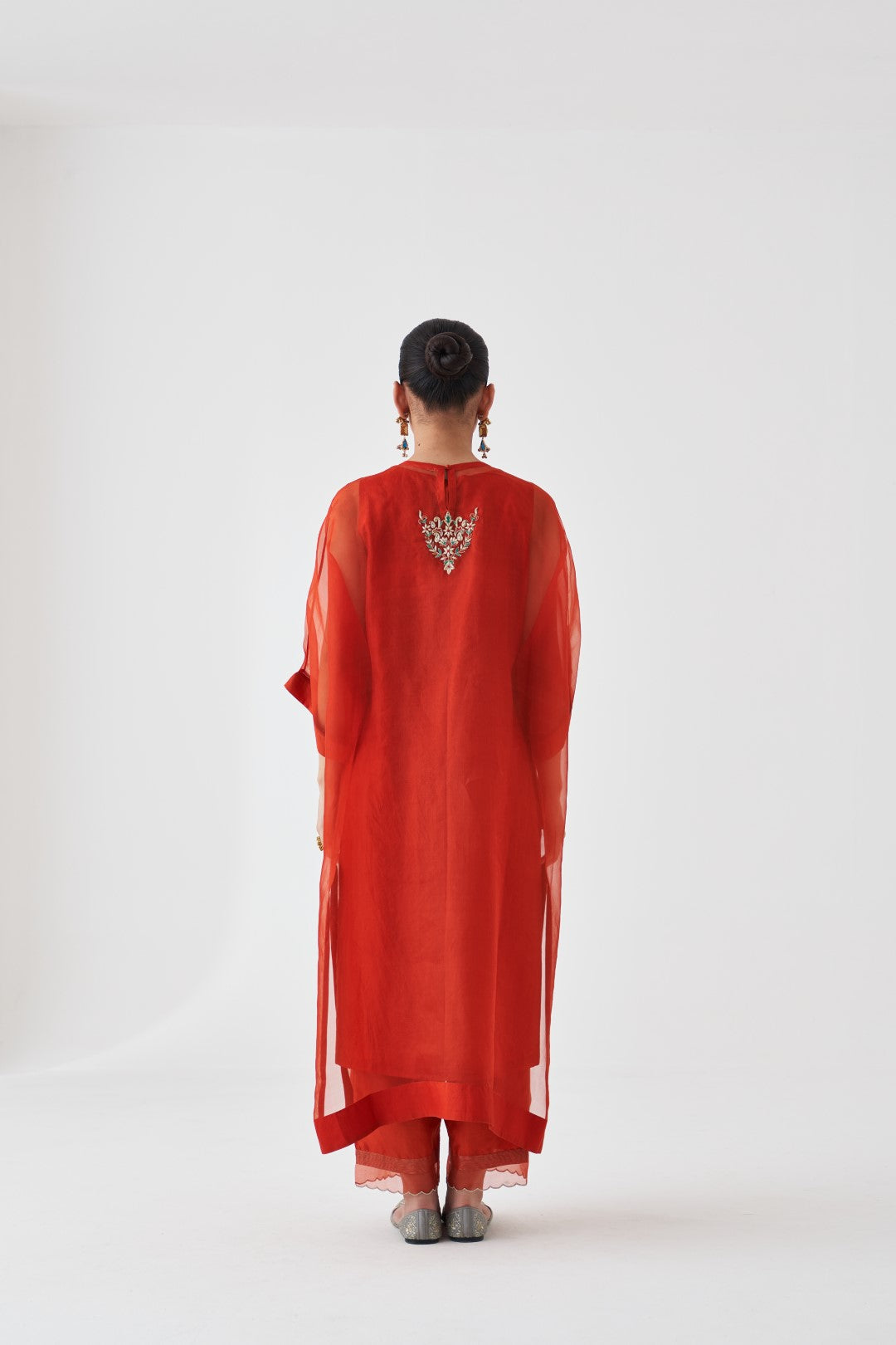 Rust Organza Embroidered Kaftan Paired with Silk Slip & Silk Pant (03 PCS.)