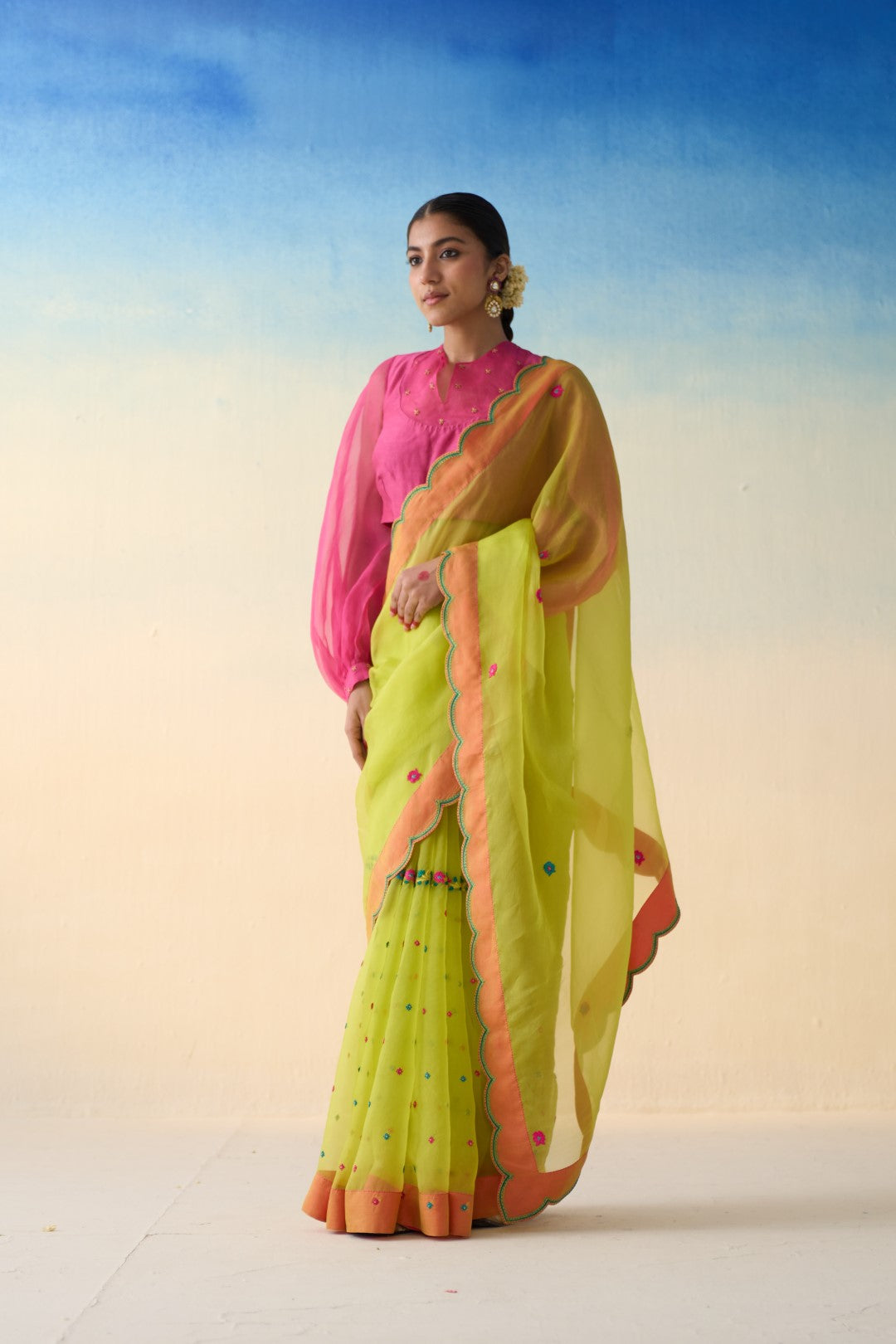 Lime green organza embroidered saree comes with an organic cotton petticoat (02 Pcs.)