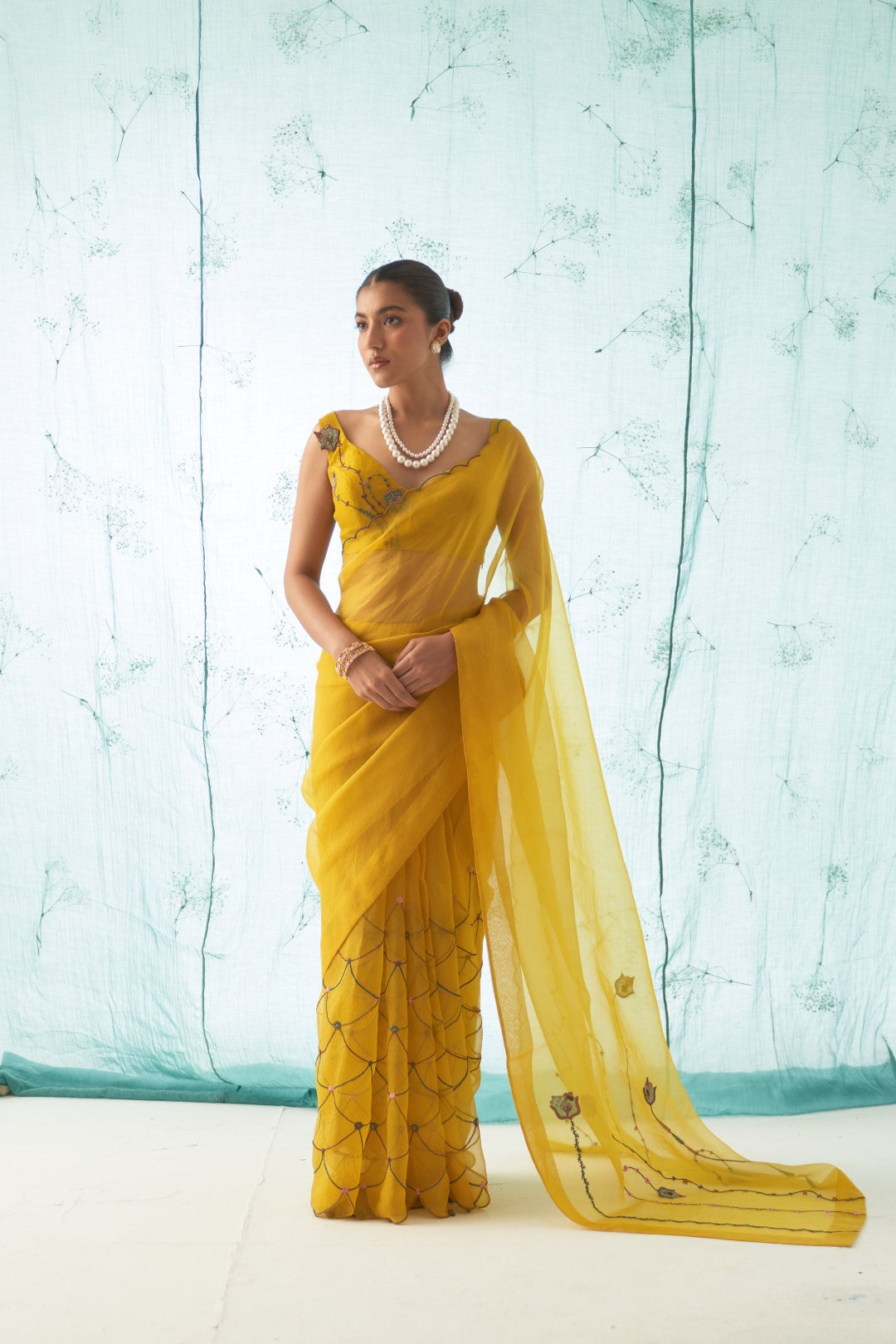 Yellow Organza Saree Set With Chanderi Stitched Blouse and Organic Cotton Stitched Petticoat ( 03 Pcs. )