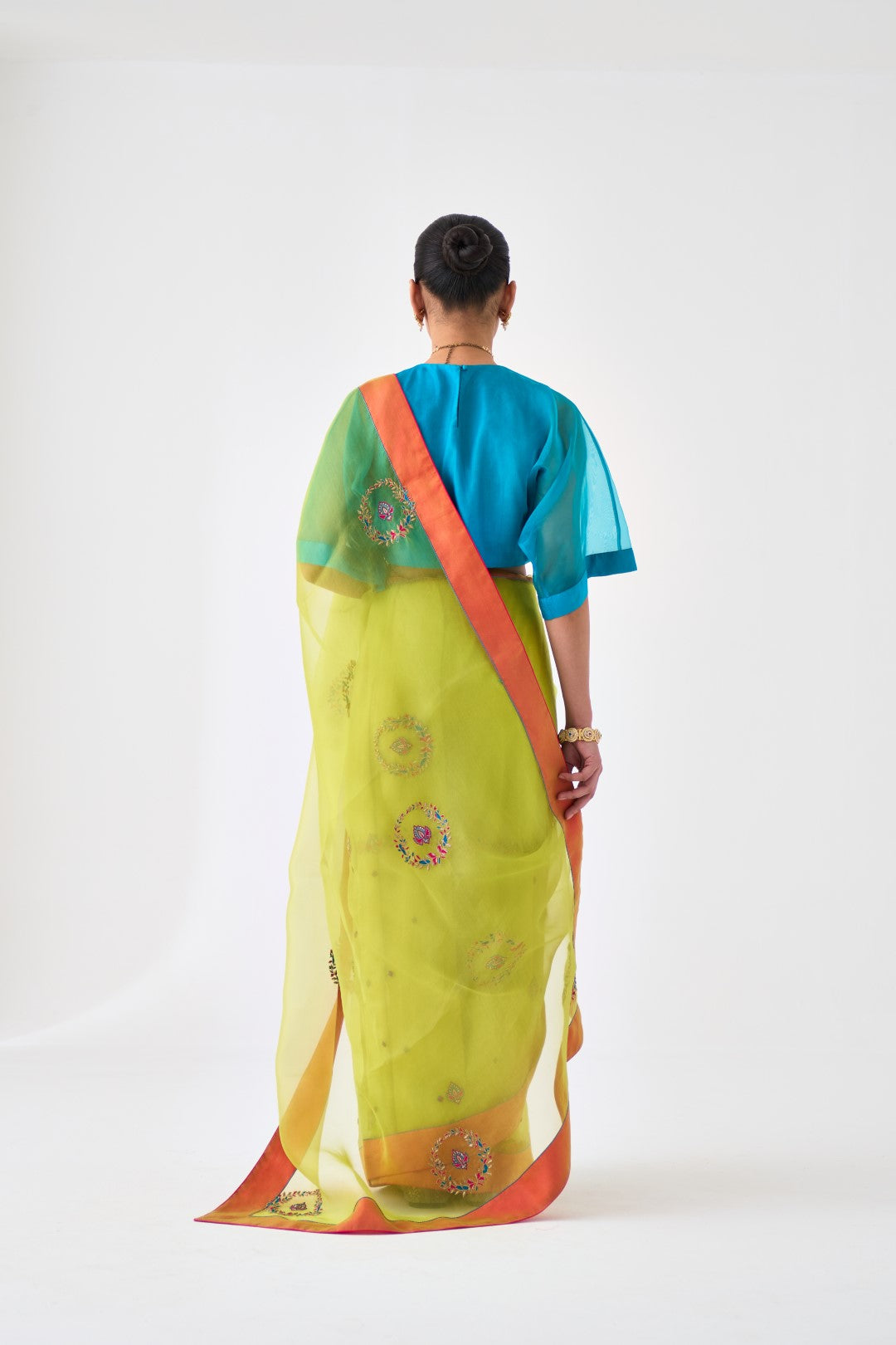 Lime Green Embroidered Saree Paired with Organic Cotton Stitched Petticoat (02 Pcs.)