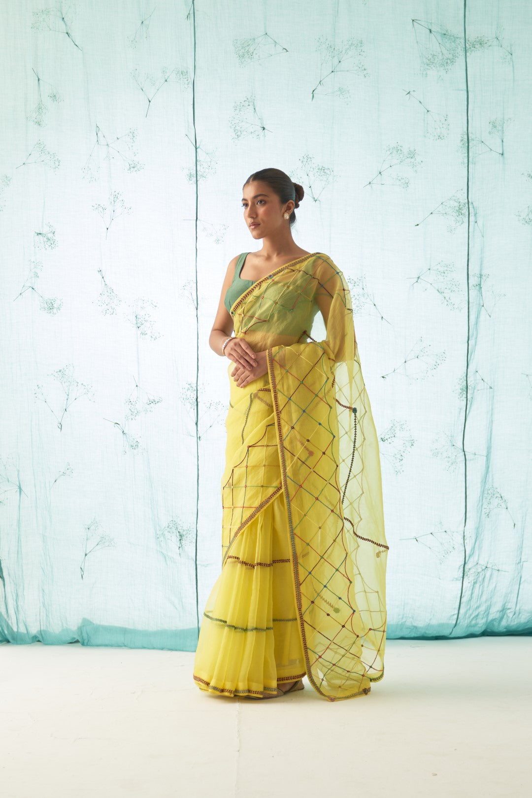 Yellow Organza Saree Set with Checkered Thread Work Comes With Stitched Chanderi Blouse and Organic Cotton Stitched Petticoat ( 03 Pcs. )