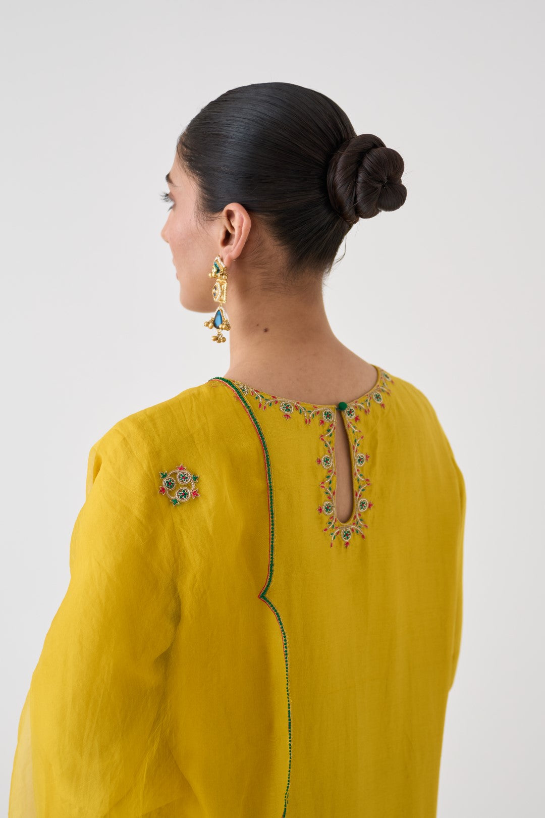Yellow Silk Dupion Embroidered Kurta, Silk Pant & Organza Dupatta (03 Pcs.)