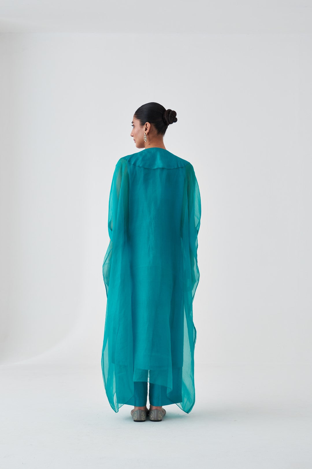 Turquoise Organza Multicoloured Embroidered Kaftan with Silk Slip and Pant (03 Pcs.)