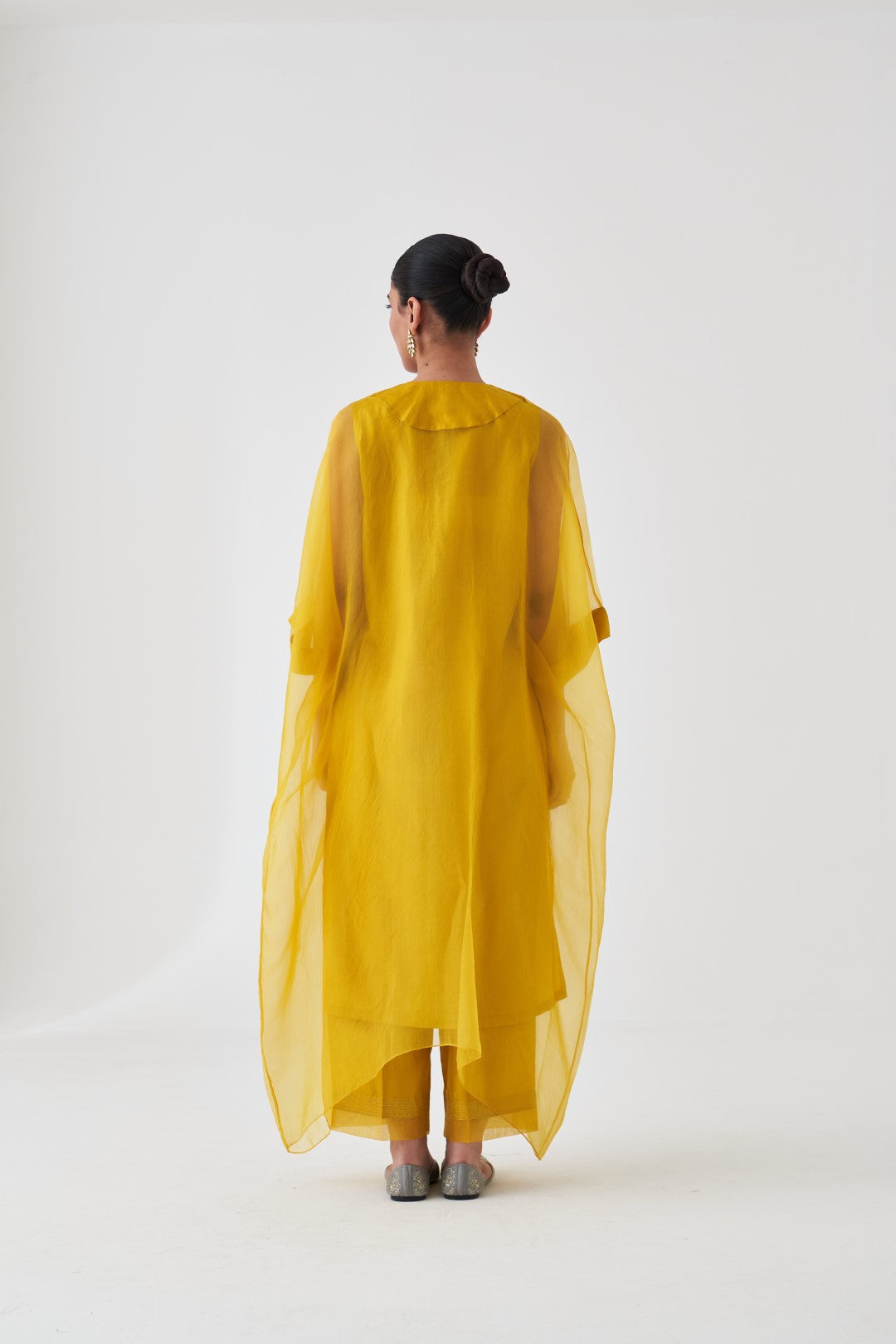 Yellow Organza Multicoloured Embroidered Kaftan Paired with Silk Slip and Pant (03 Pcs.)