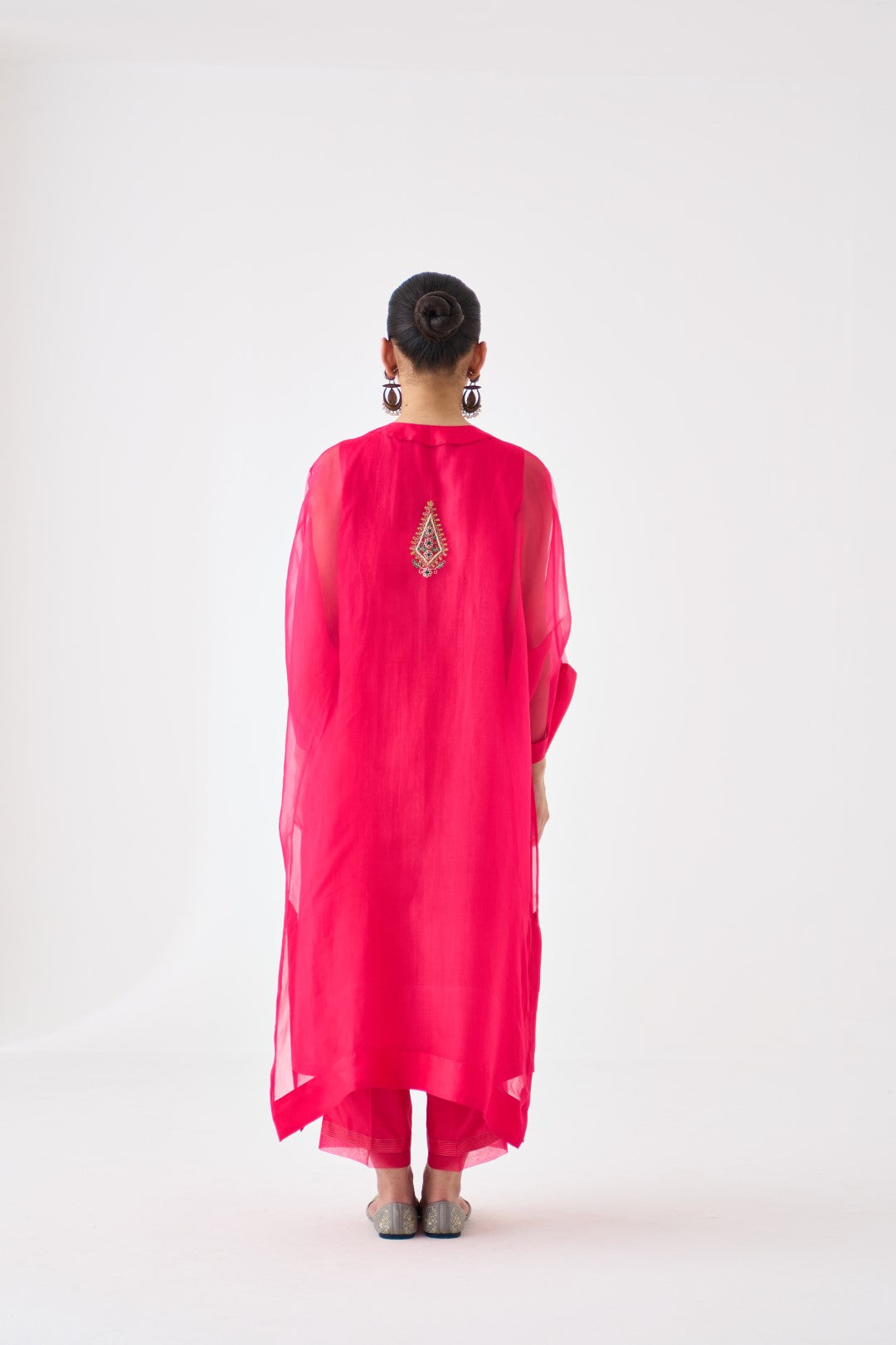 Fuchsia Organza Embroidered Kaftan Paired with Silk Slip and Silk Pant (03 Pcs.)