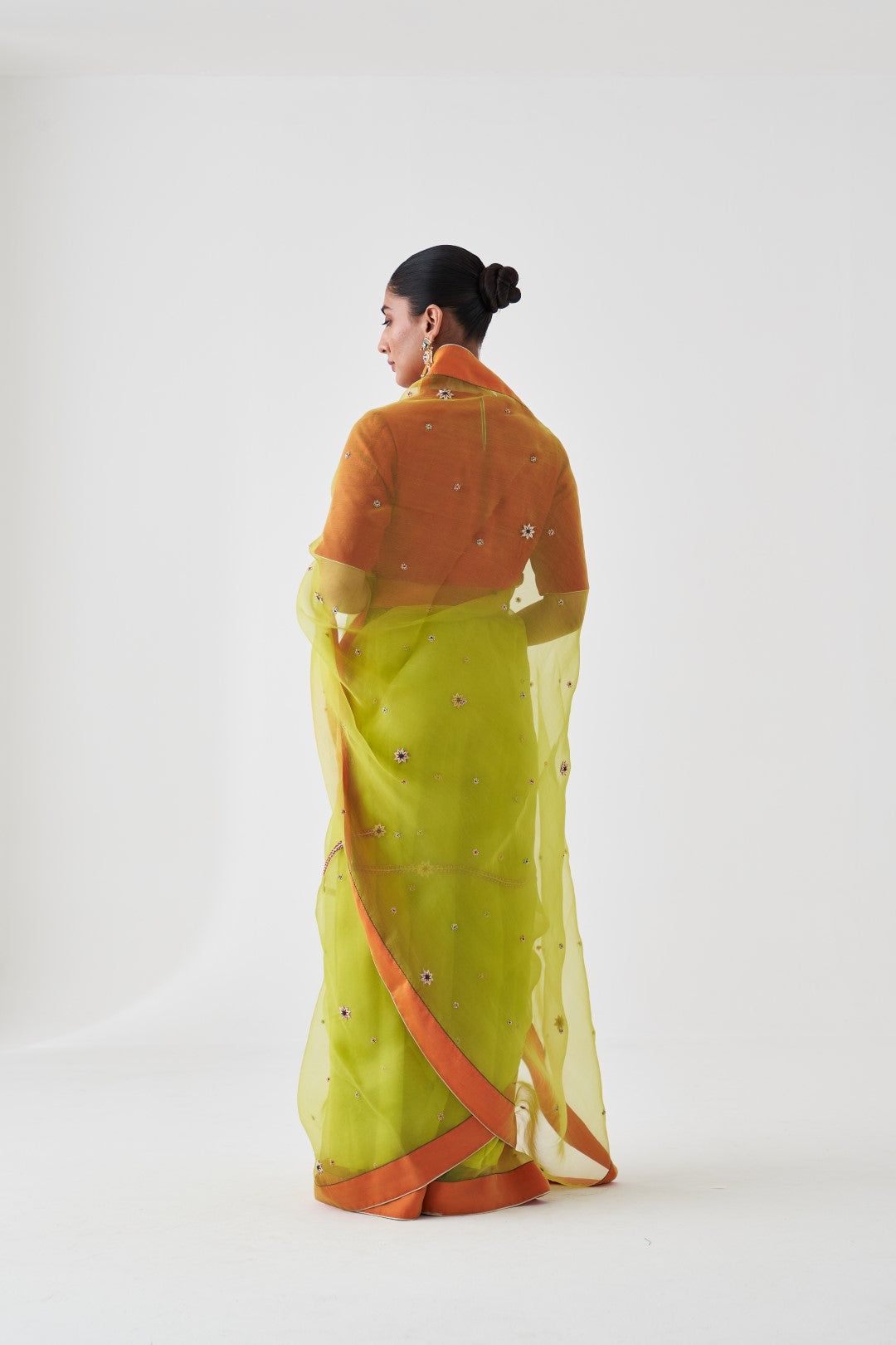 Lime Green Organza Embroidered Saree Paired with Organic Cotton Stitched Petticoat (02 Pcs.)
