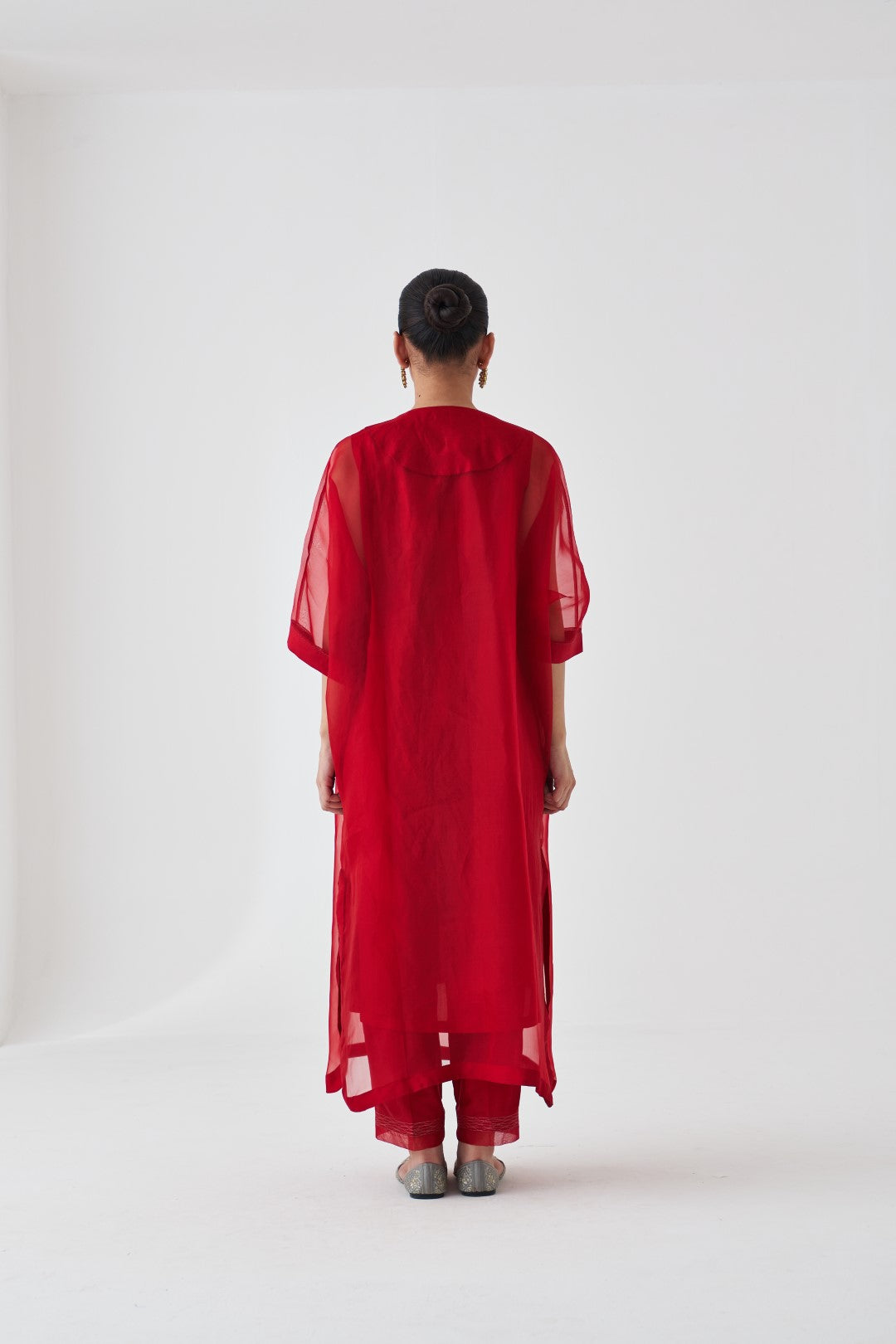 Maroon Organza Embroidered Kaftan Paired with Silk Slip & Silk Pant (03 pcs.)