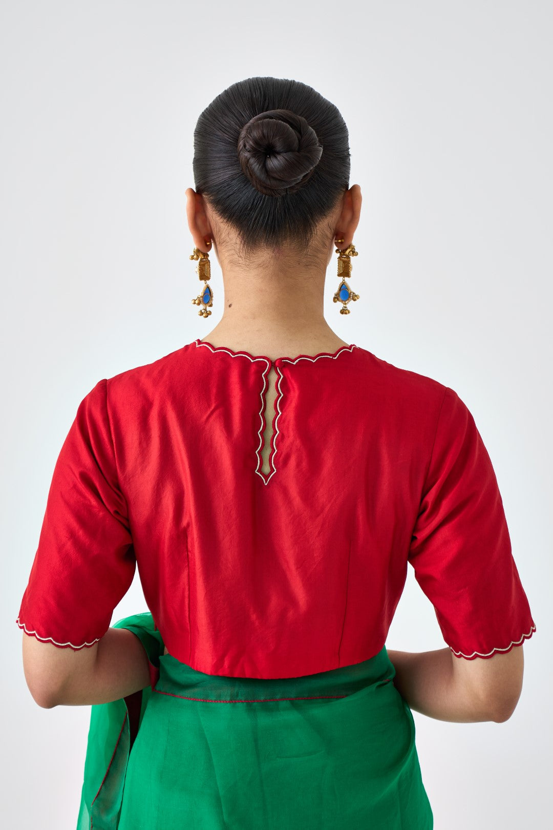 Red Pure Silk Stitched Blouse with Golden Scallop Embroidery On Neck & Sleeves (01 Pc.)
