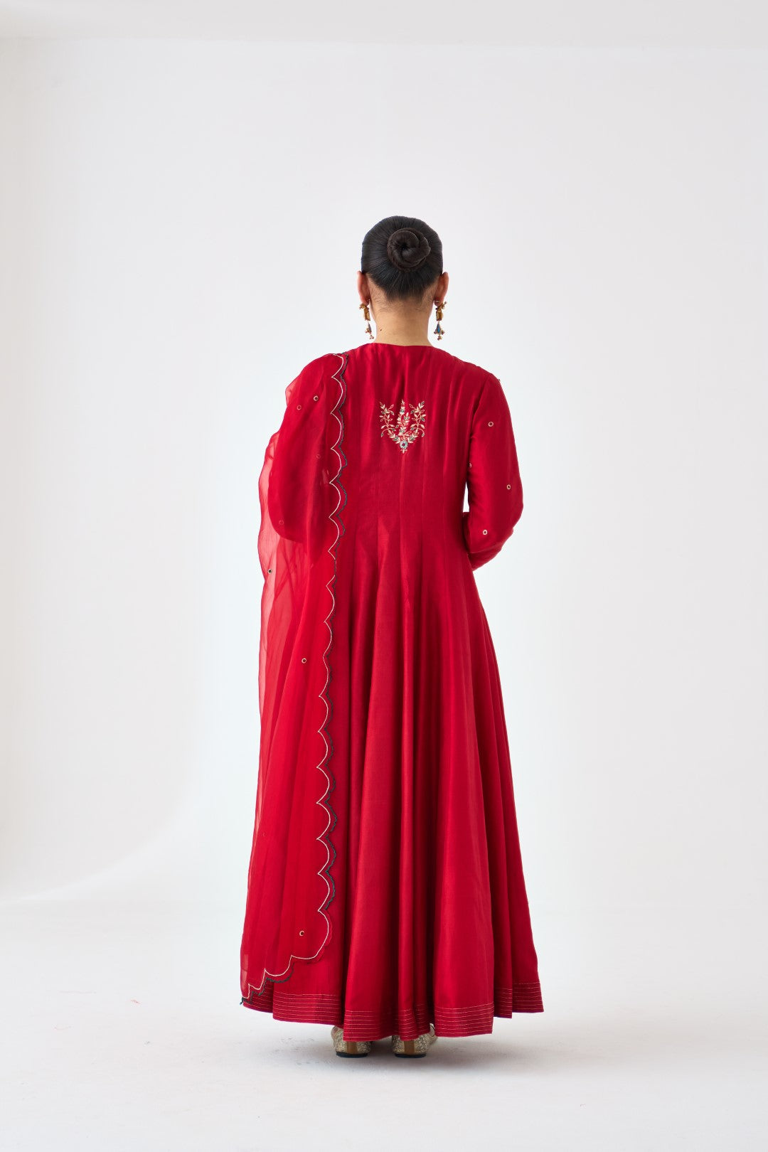 Maroon Dupion Silk Embroidered V Neck Anarkali paired with pant & organza dupatta (03 PCS.)