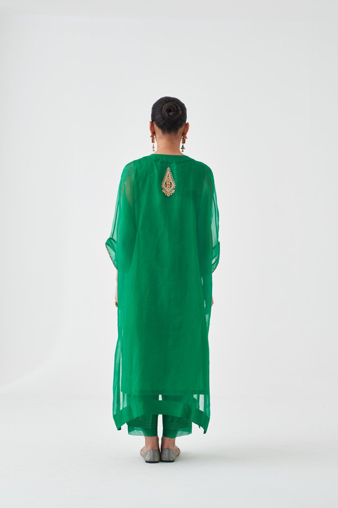 Green Organza Embroidered Kaftan, Silk Slip & Silk Pant (03 pcs.)