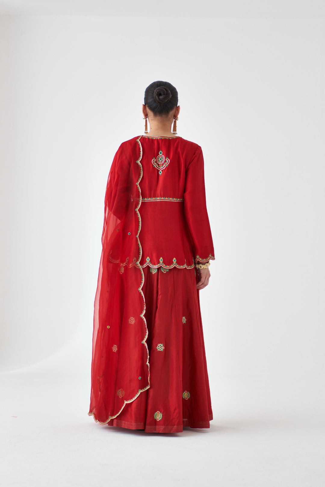 Maroon Silk Dupion Embroidered Peplum Paired with Silk Sharara & Organza Dupatta (03 PCS.)