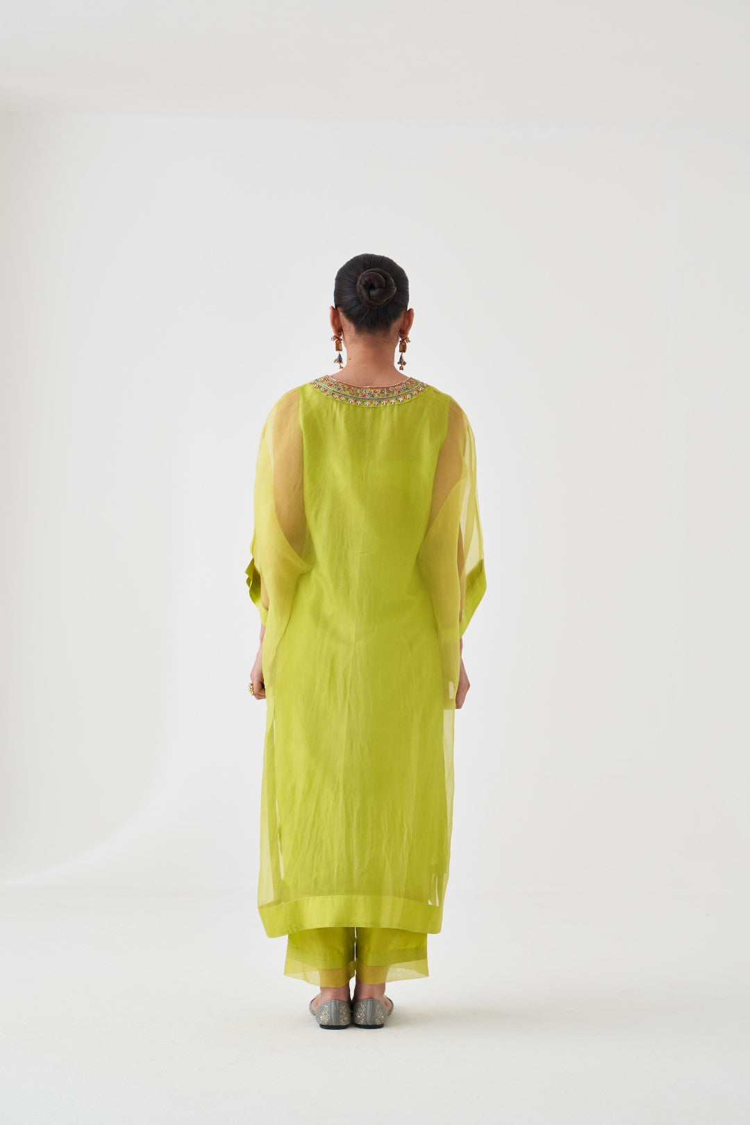 Lime Green Organza Embroidered Kaftan Paired with Silk Slip & Silk Pant (03 PCS.)