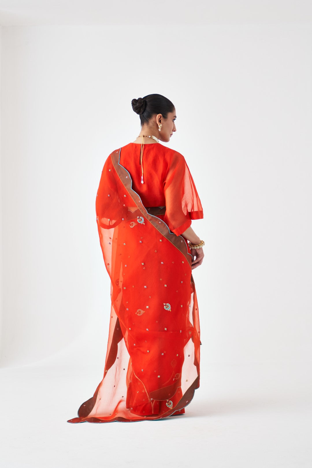 Rust Scallop Border Embroidered Saree Paired with Stitched Organic Cotton Petticoat (02 pcs.)