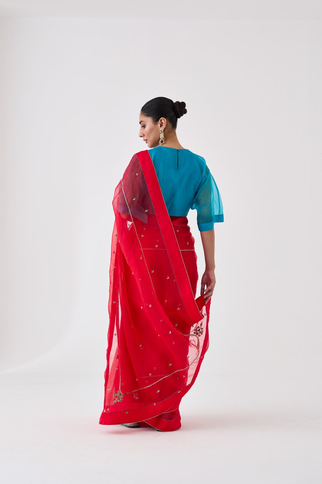 Red Organza Embroidered Saree Paired with an Organic Cotton Stitched Petticoat (02 Pcs.)