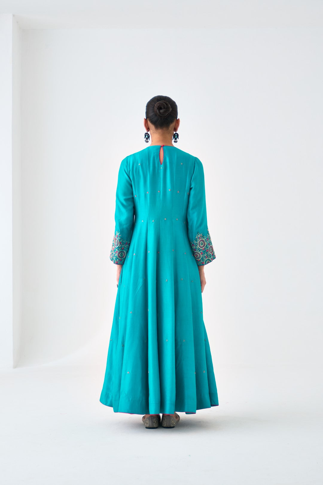 Turquoise Silk Dupion Embroidered Anarkali with Silk Pant & Organza Dupatta (03 Pcs.)