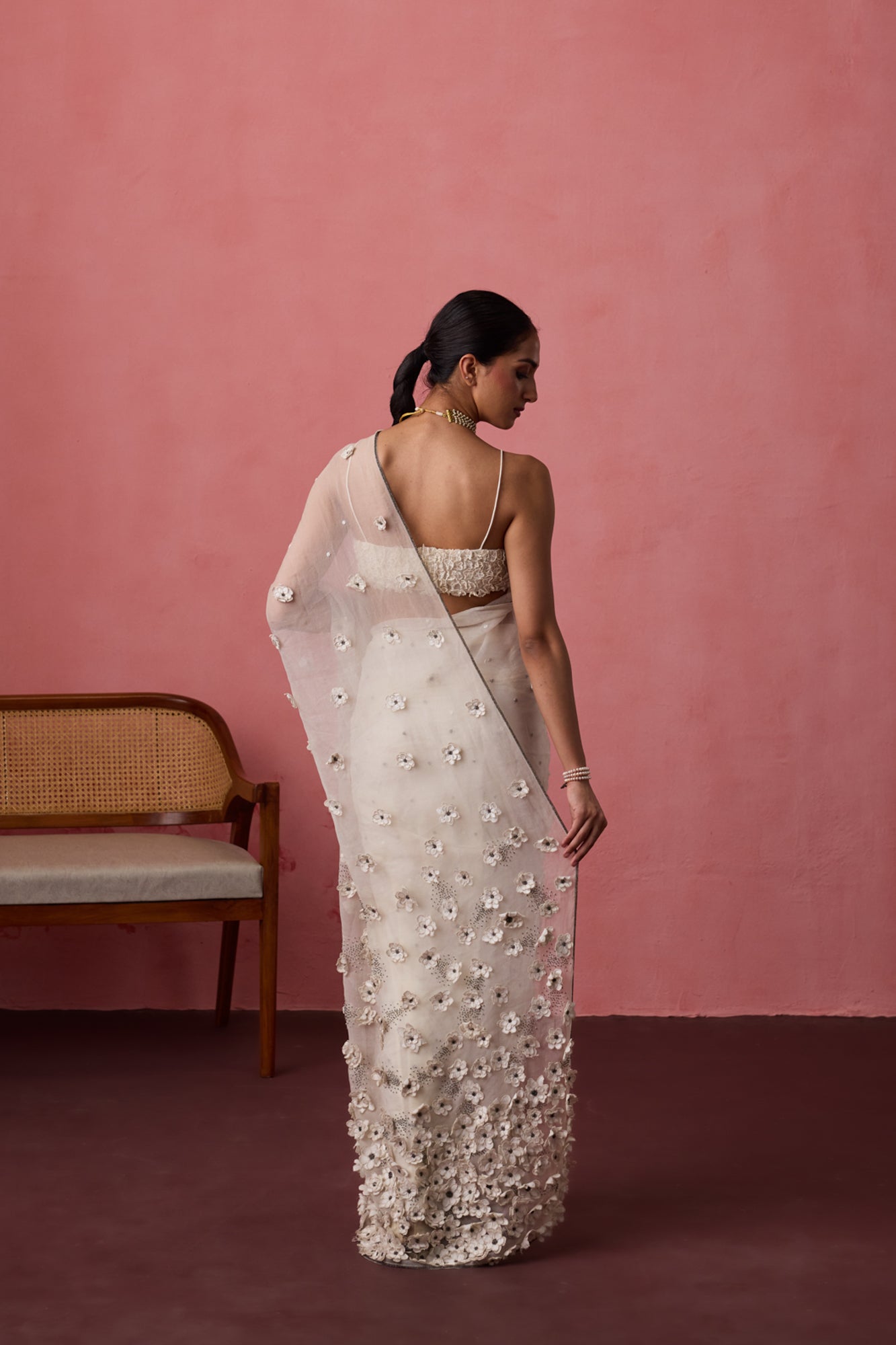 White soft net & organza blooming flower embroidered saree paired with unstitched & unembroidered soft net fabric