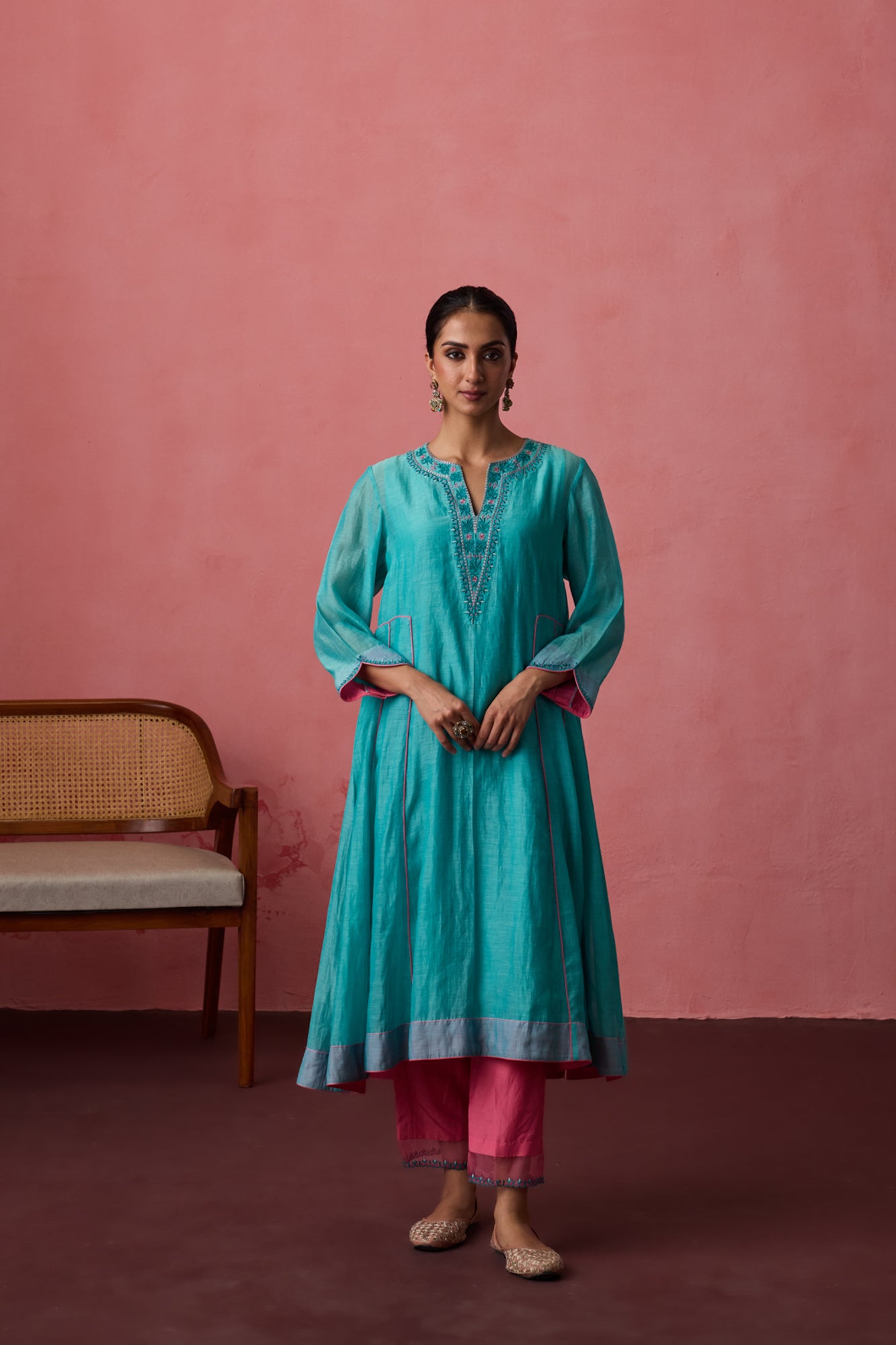 Sky blue - Pink embroidered chanderi kurta paired with pants & organza heavy border dupatta