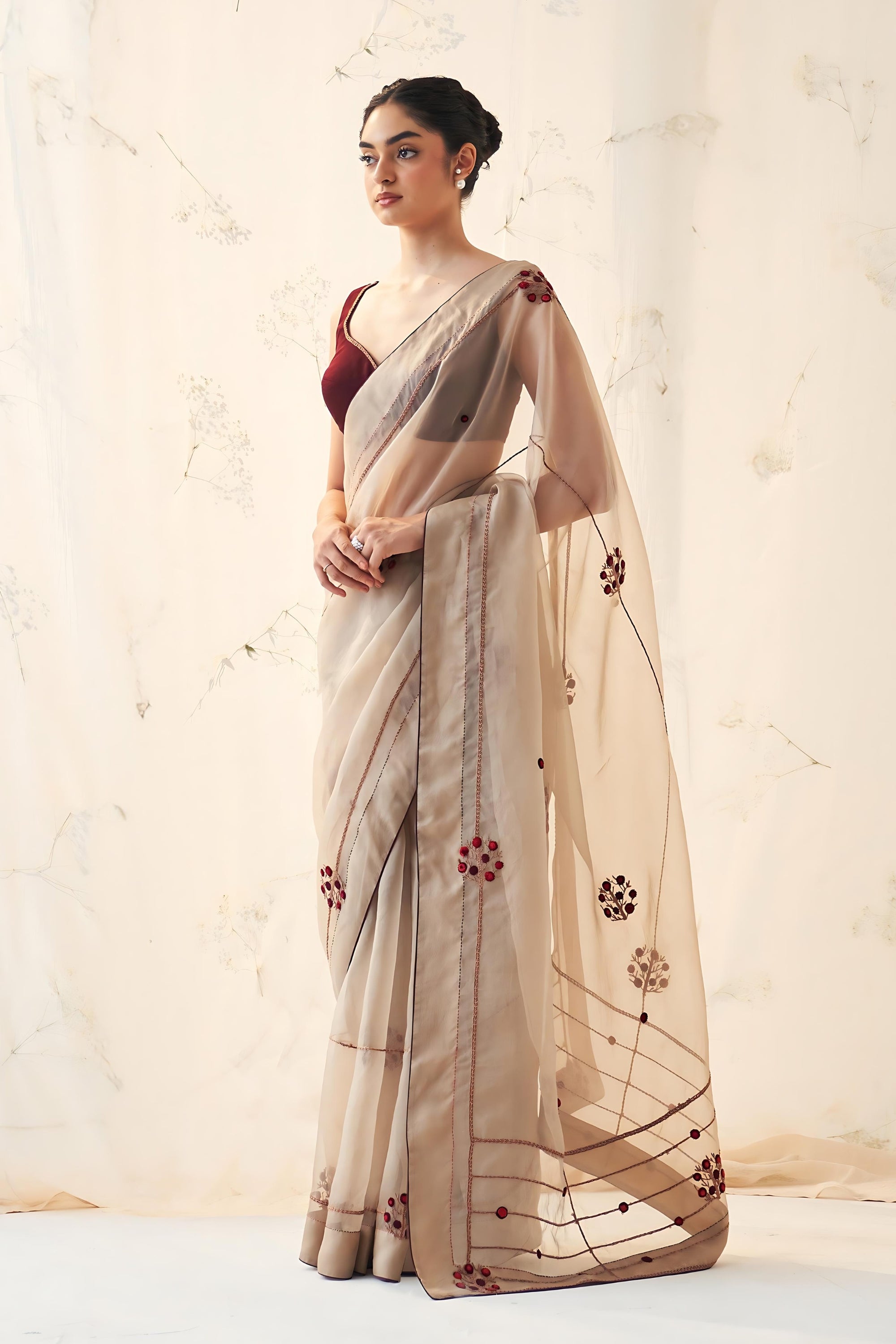 Champagne Gold organza saree comes with mehroon chanderi stitched blouse & organic cotton stitched petticoat
