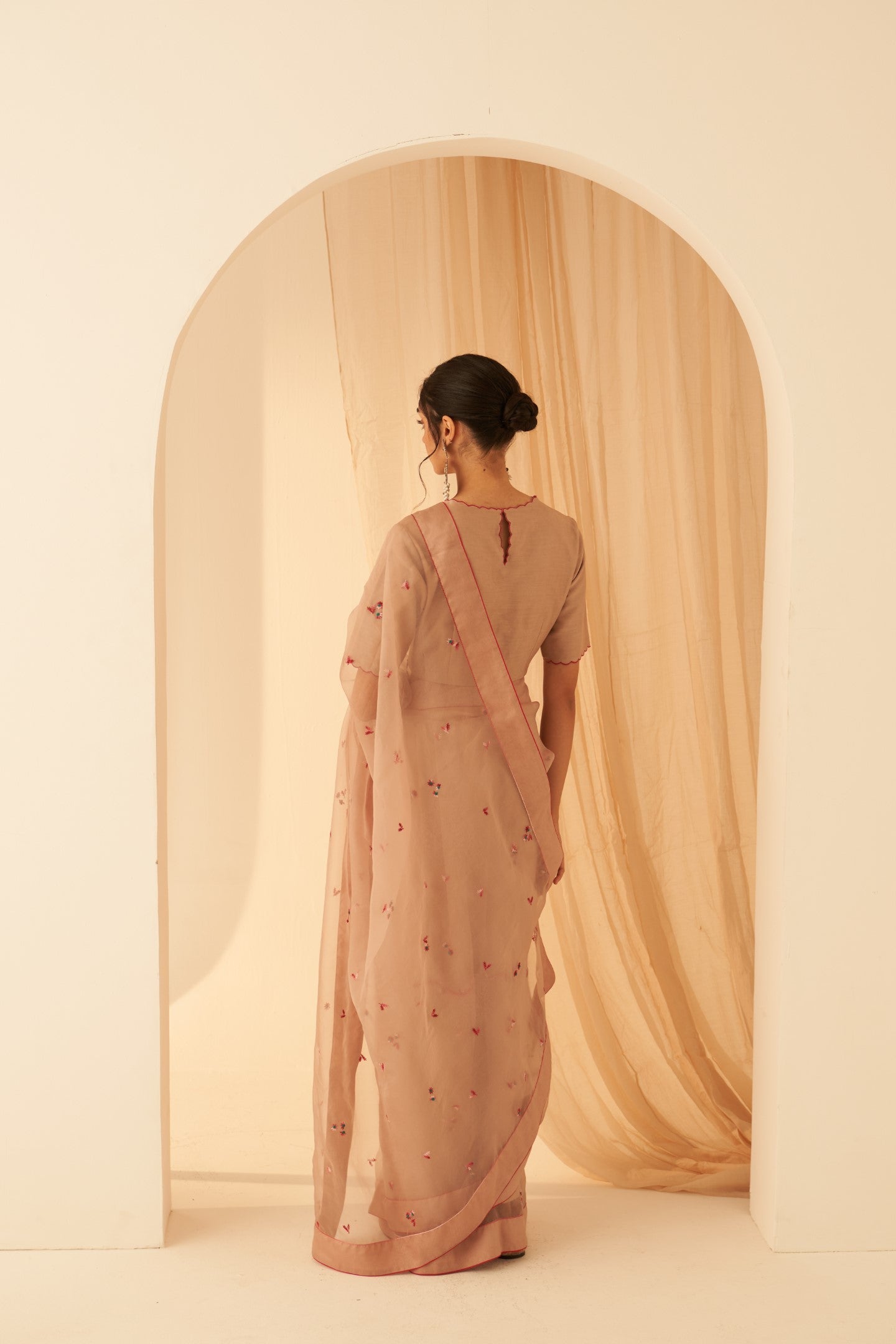 Light rose gold organza aari handwork embroidered saree