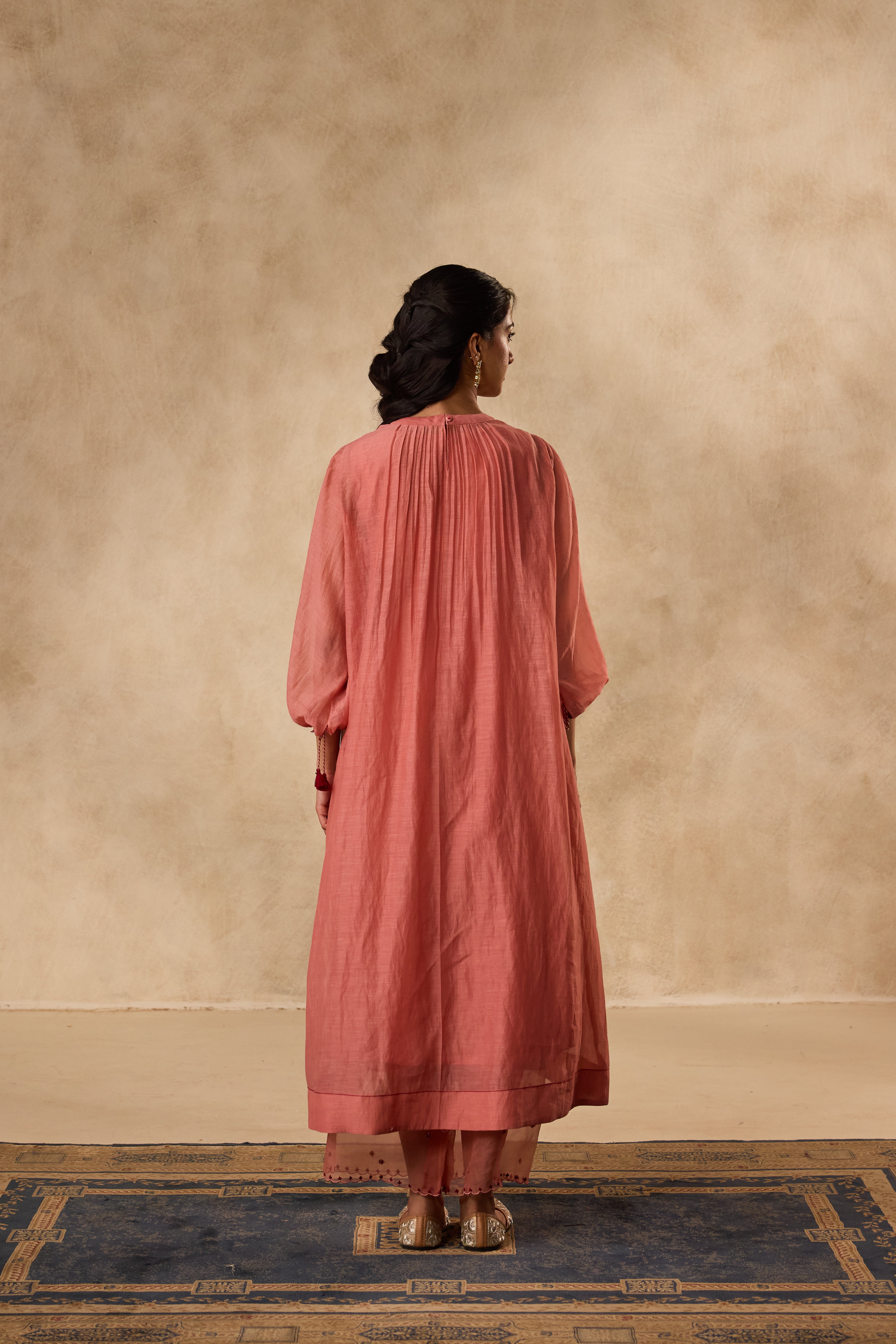 PEACH CHANDERI CROSS STICH EMBROIDERED TUNIC PAIRED WITH ORGANIC COTTON SLIP & MATCHING PANT & ORGANZA DUPATTA