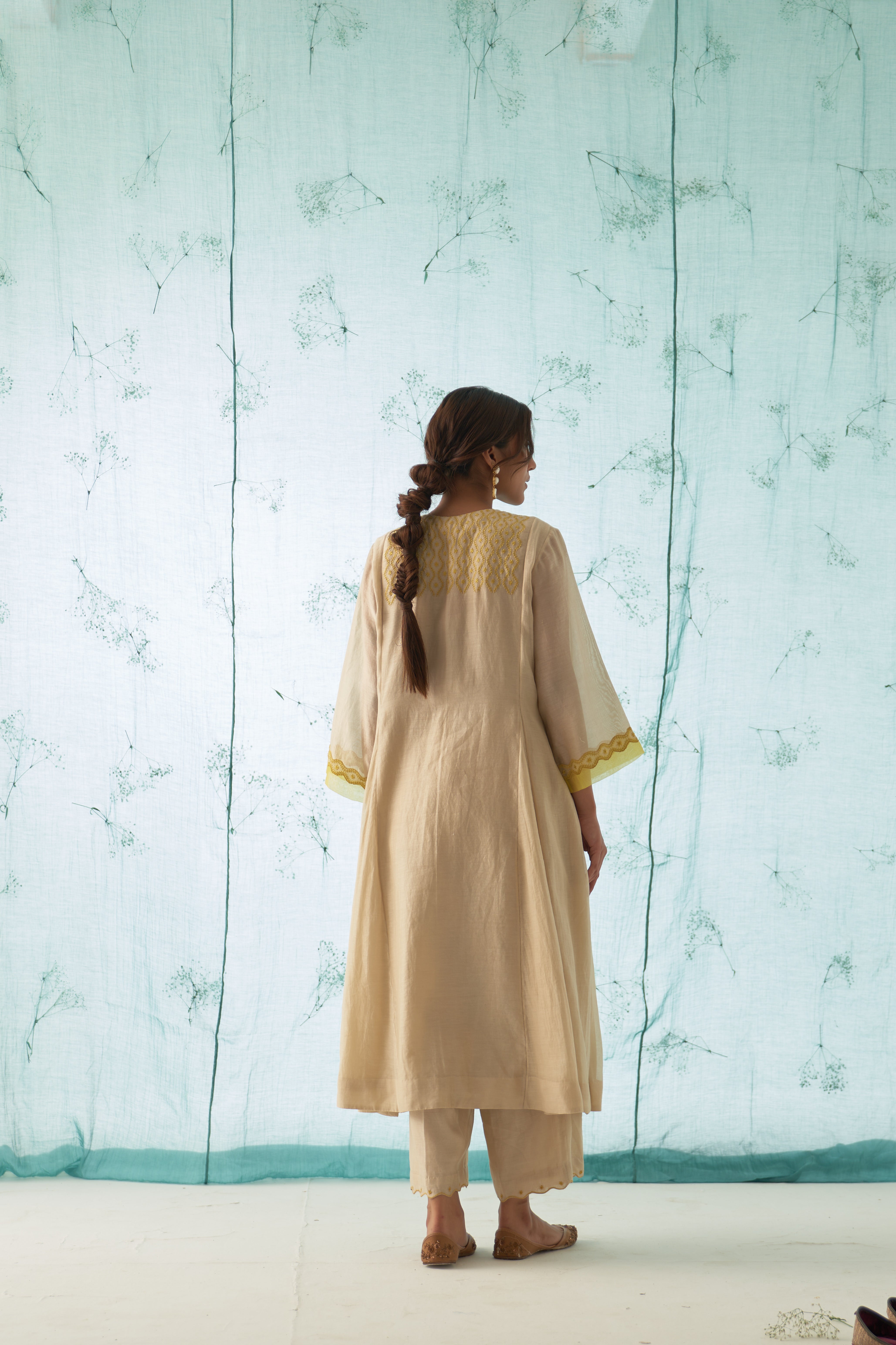 Ivory - Yellow Embroidery On Yoke Kurta Set