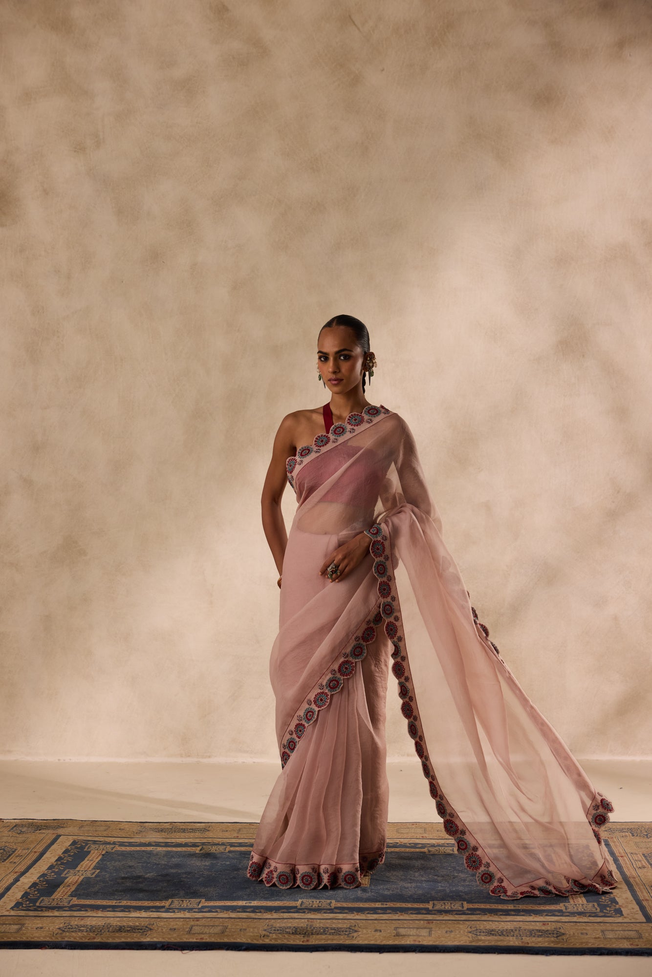 Rose gold organza heavy cutwork border embroidered saree comes with unstitched & unembroidered blouse fabric in chanderi