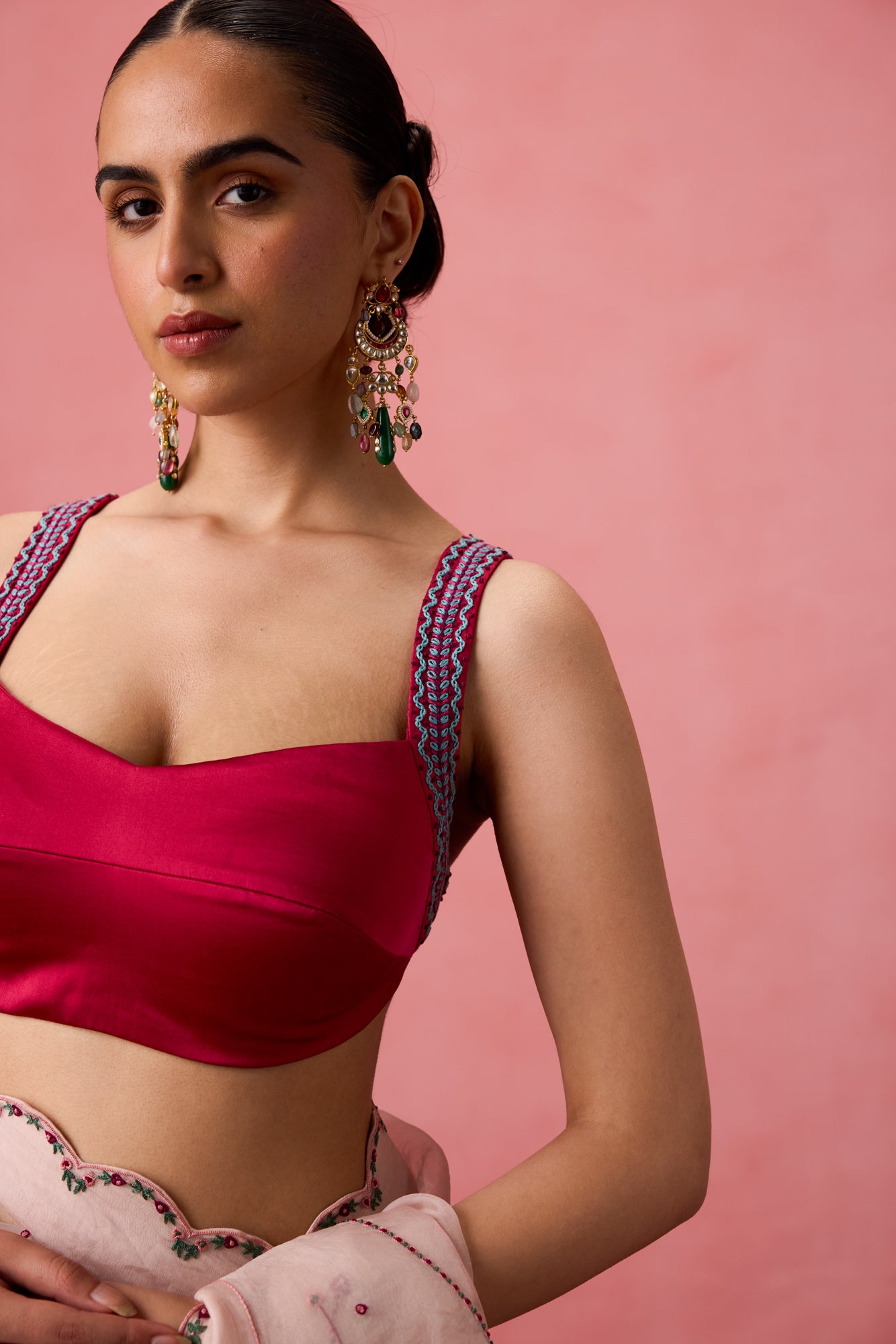 Fuchsia satin silk embroidered blouse