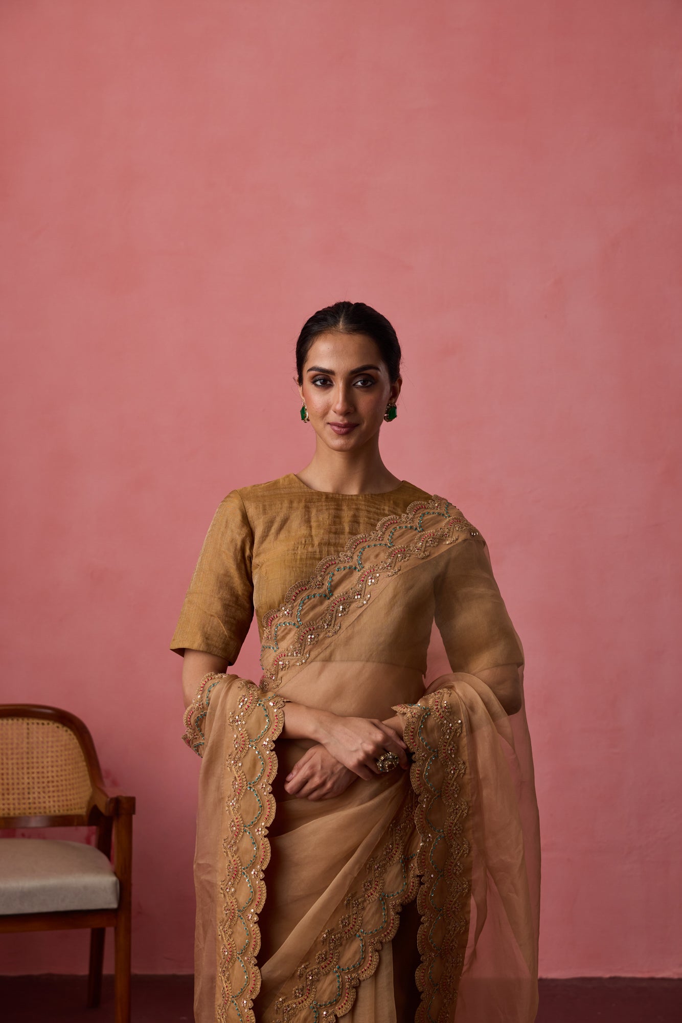 Golden organza dori & resham embroidered saree paired with unstitched & unembroidered blouse fabric