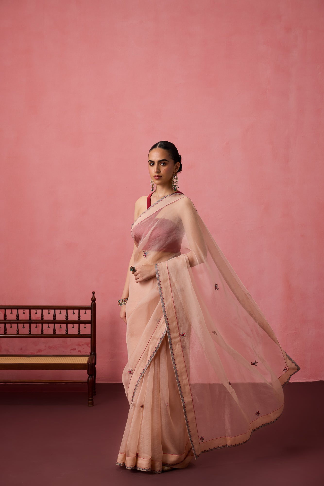Cozy Peach organza buti embroidered saree comes with unstitched & unembroidered blouse fabric in chanderi