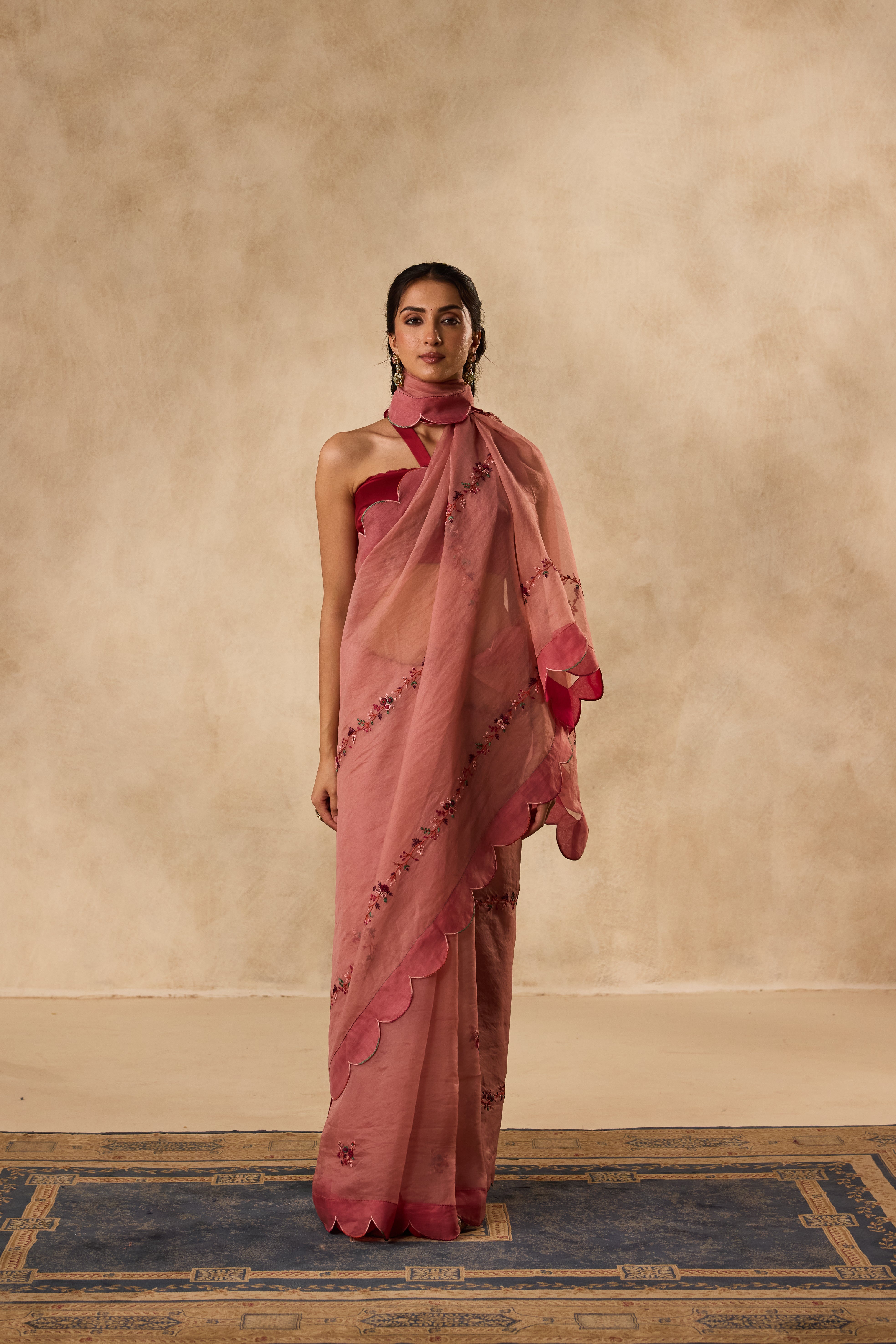PEACH ORGANZA SPRING FLOWER, EMBROIDERED & SCALLOP SAREE paired WITH UNSTITCHED CHANDERI BLOUSE FABRIC