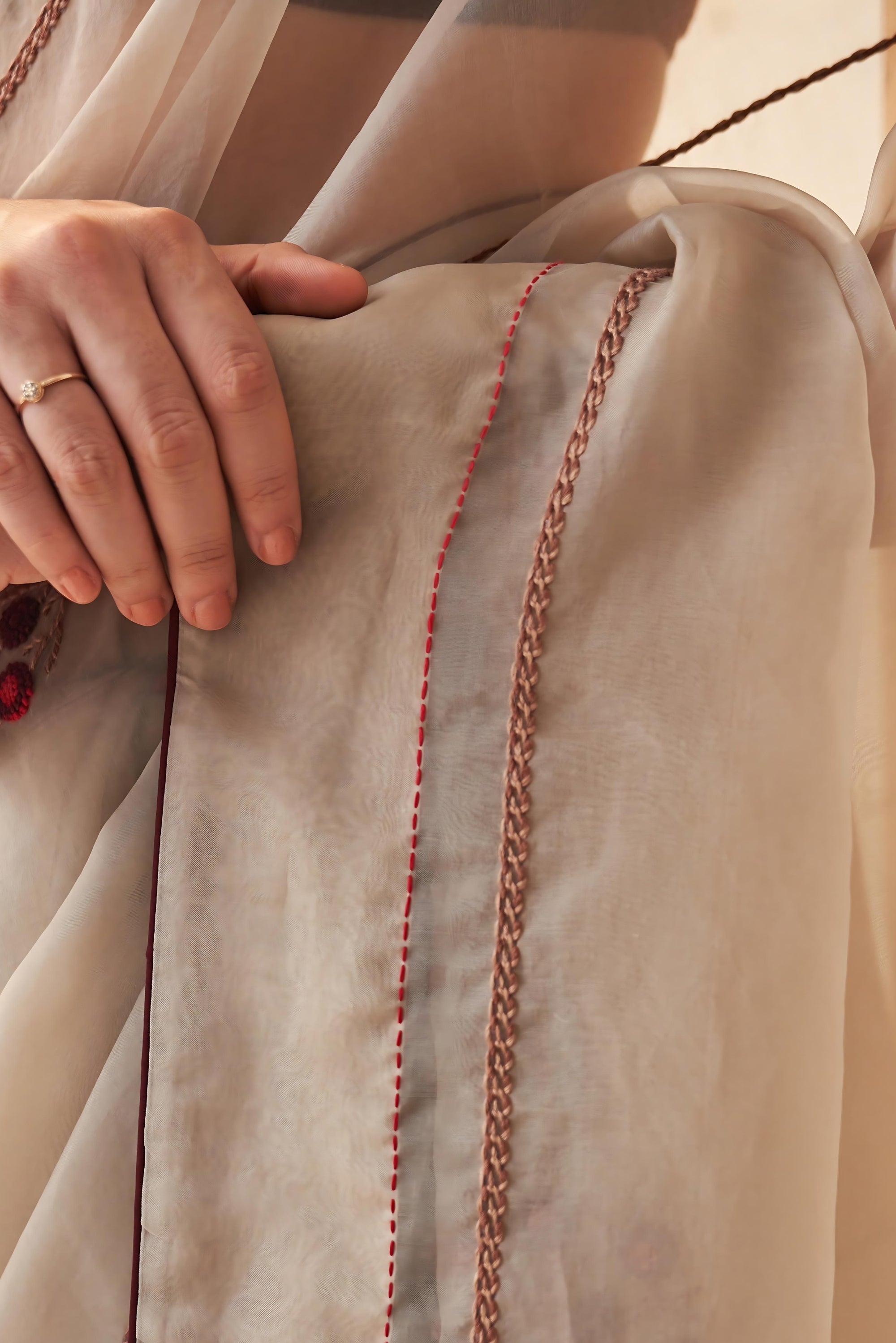 Champagne Gold organza saree comes with mehroon chanderi stitched blouse & organic cotton stitched petticoat