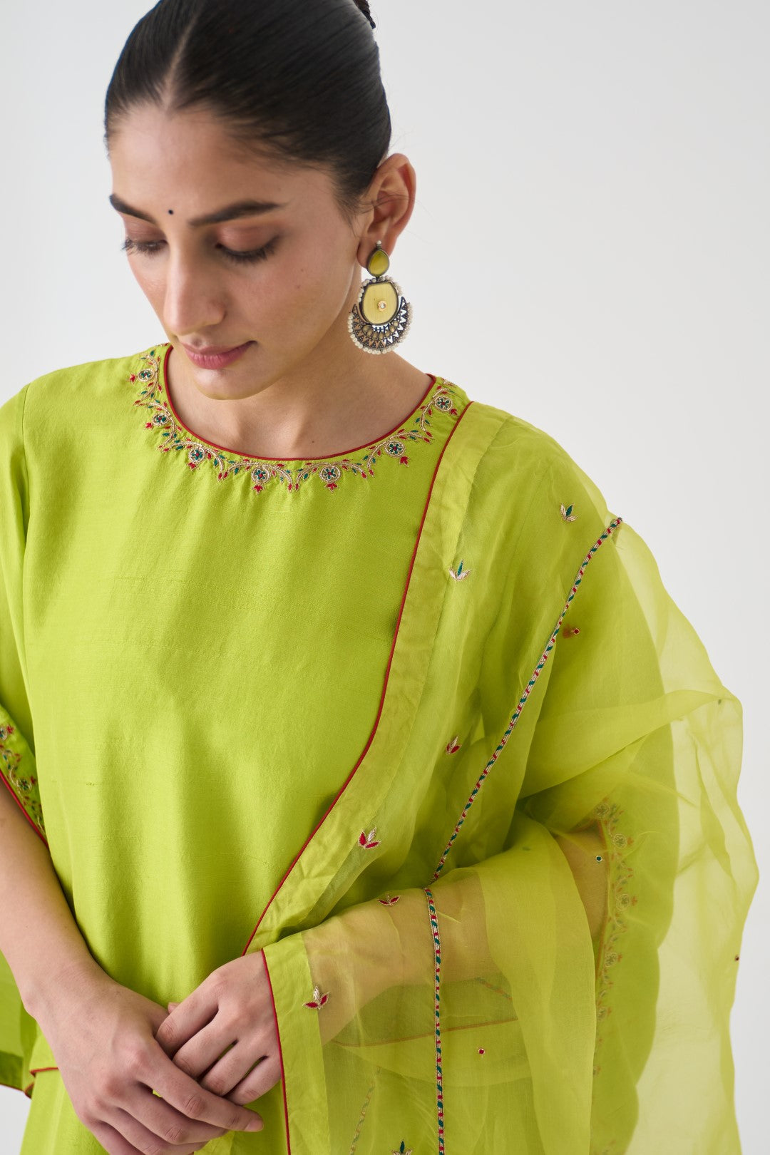 Lime Green Dupion Silk Embroidered Kurta Paired with Silk Pant & Organza Dupatta (03 Pcs.)