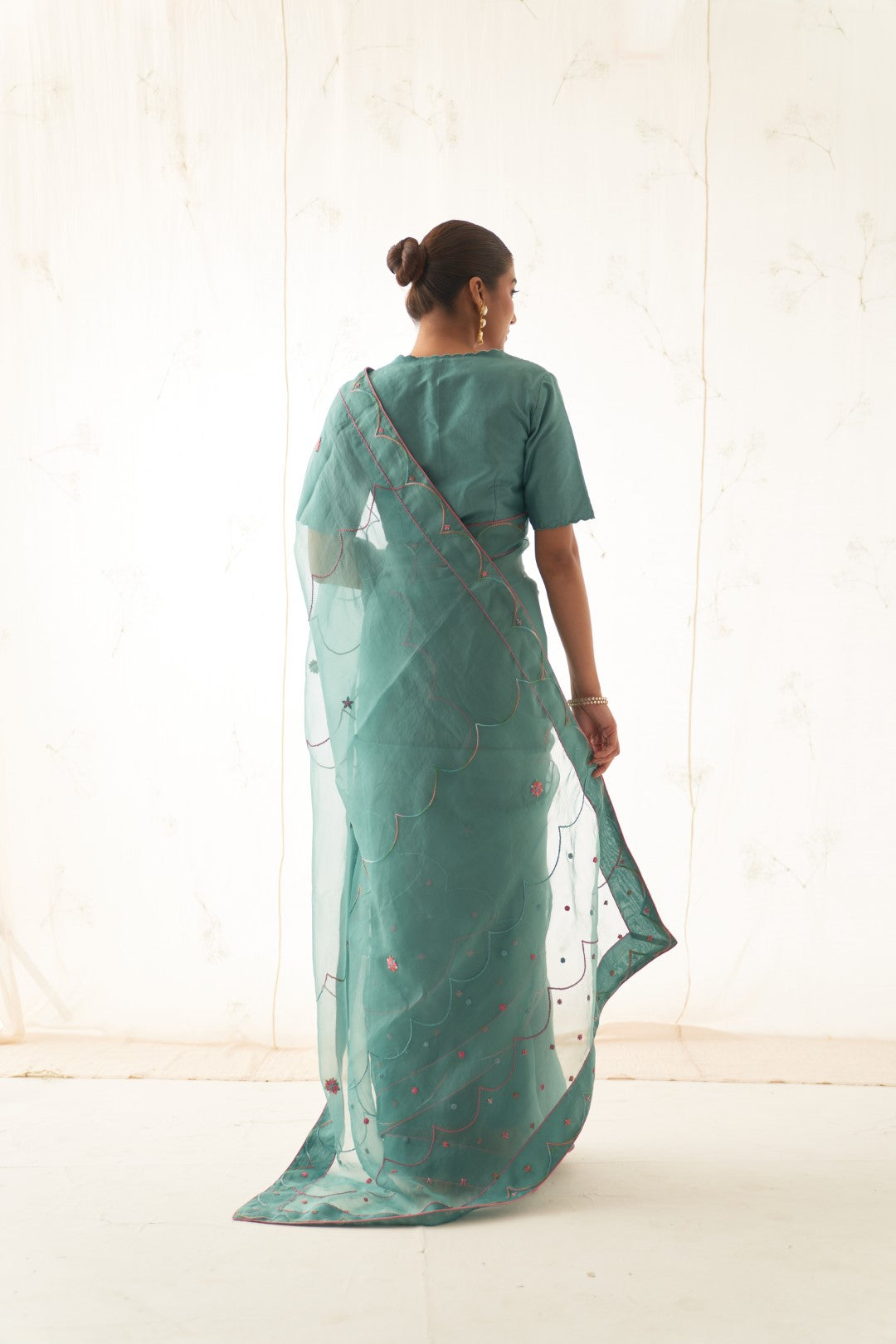 Teal Organza Saree Set Comes With Silk Stitched Blouse and Organic Cotton Stitched Petticoat (03 Pcs. )