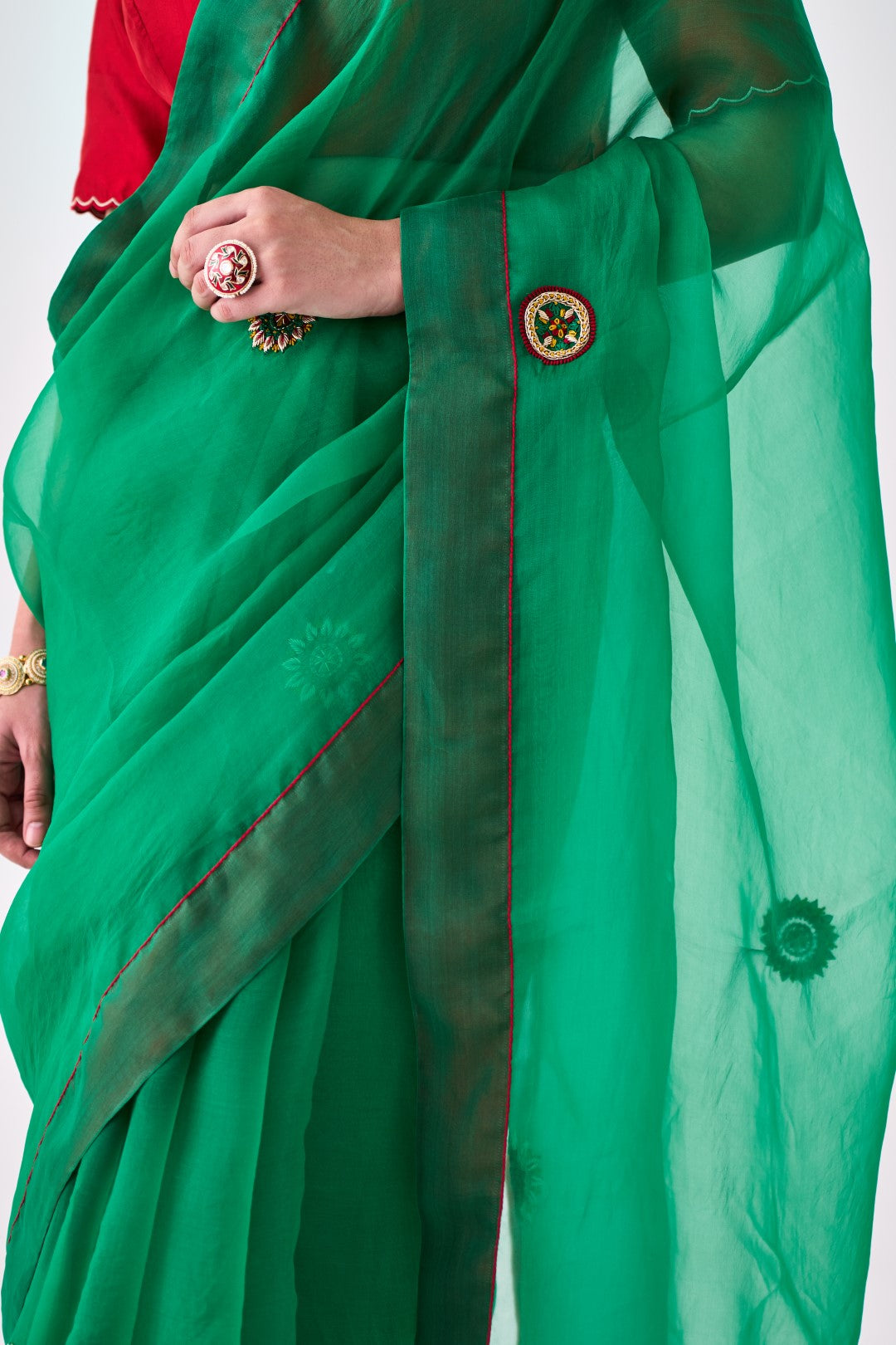 Green Organza Embroidered Jaal Embroidered Saree Paired with Organic Cotton Stitched Petticoat (02 Pcs.)