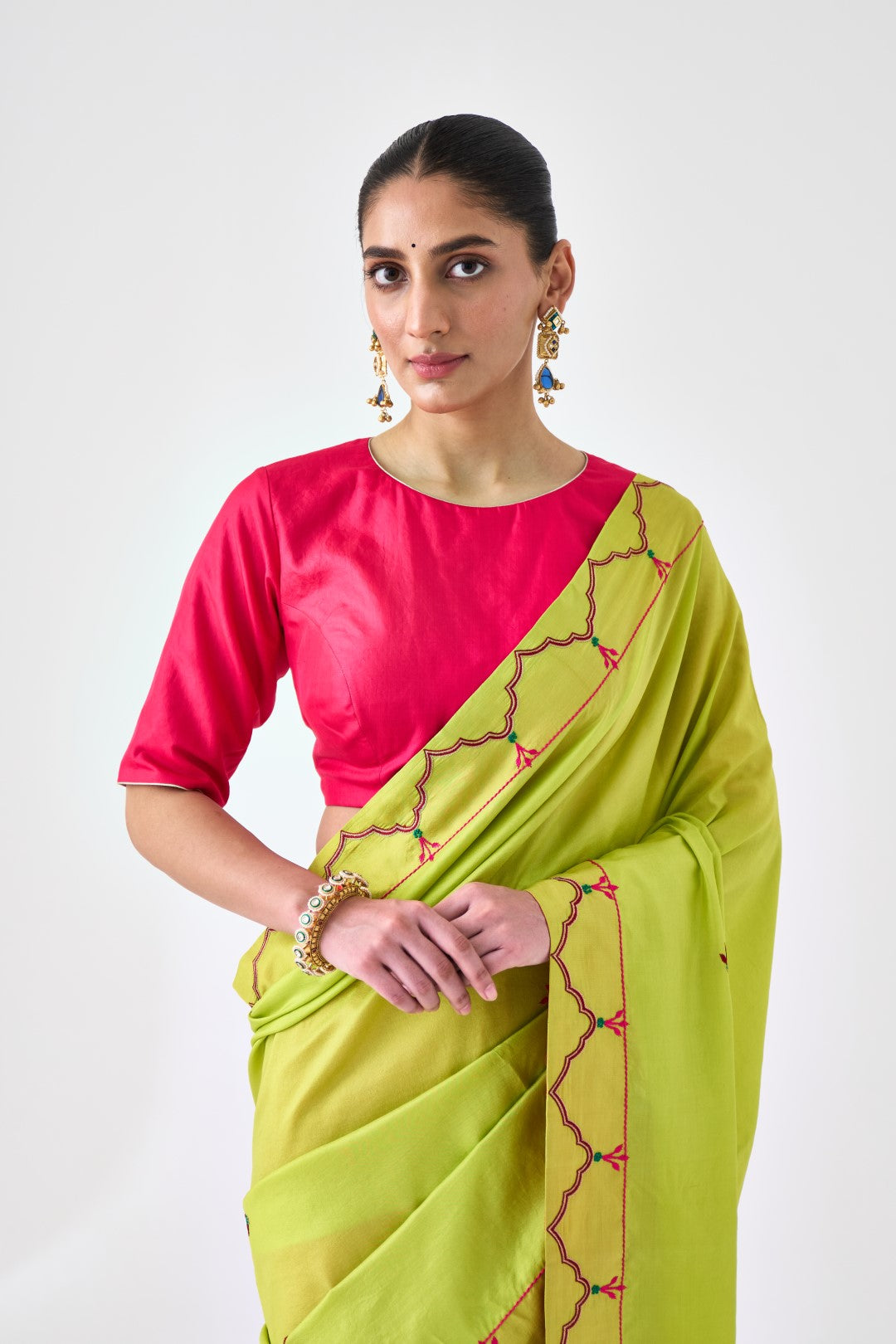 Lime Green & Fuchsia Embroidered Saree Paired with Organic Cotton Stitched Petticoat (02 Pcs.)