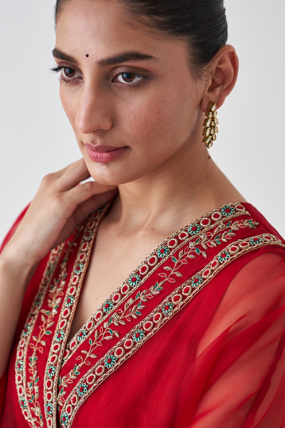 Maroon Organza Embroidered Kaftan Paired with Silk Slip & Silk Pant (03 pcs.)