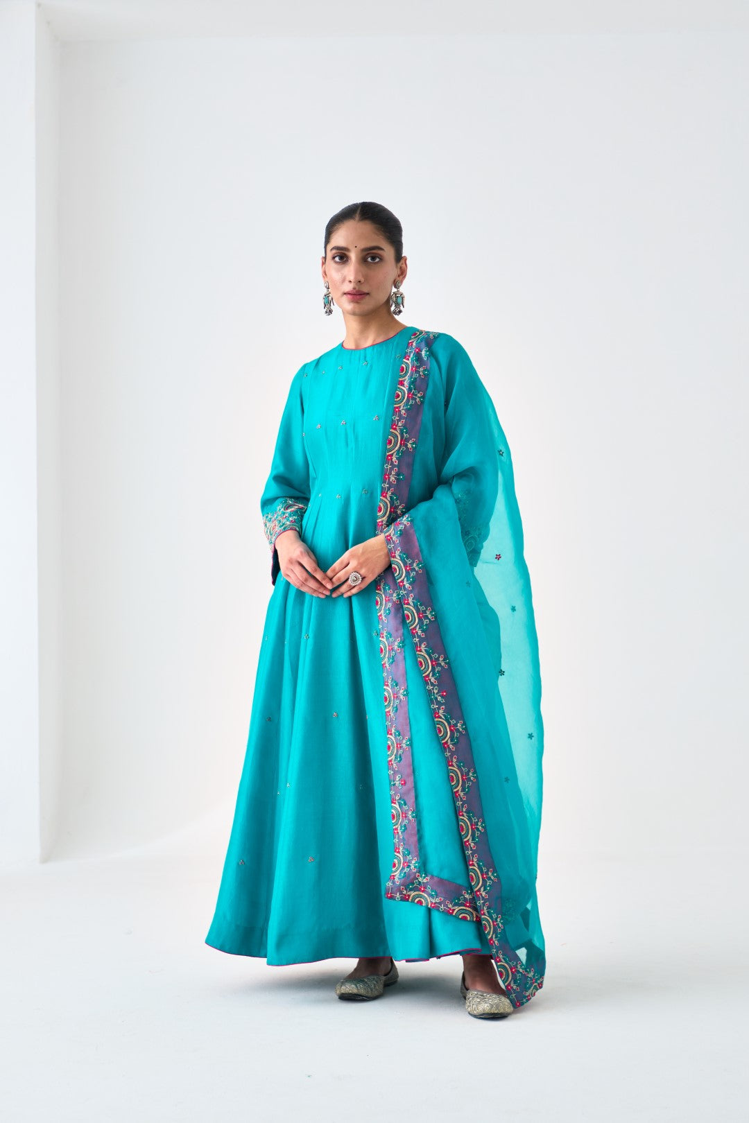 Turquoise Silk Dupion Embroidered Anarkali with Silk Pant & Organza Dupatta (03 Pcs.)