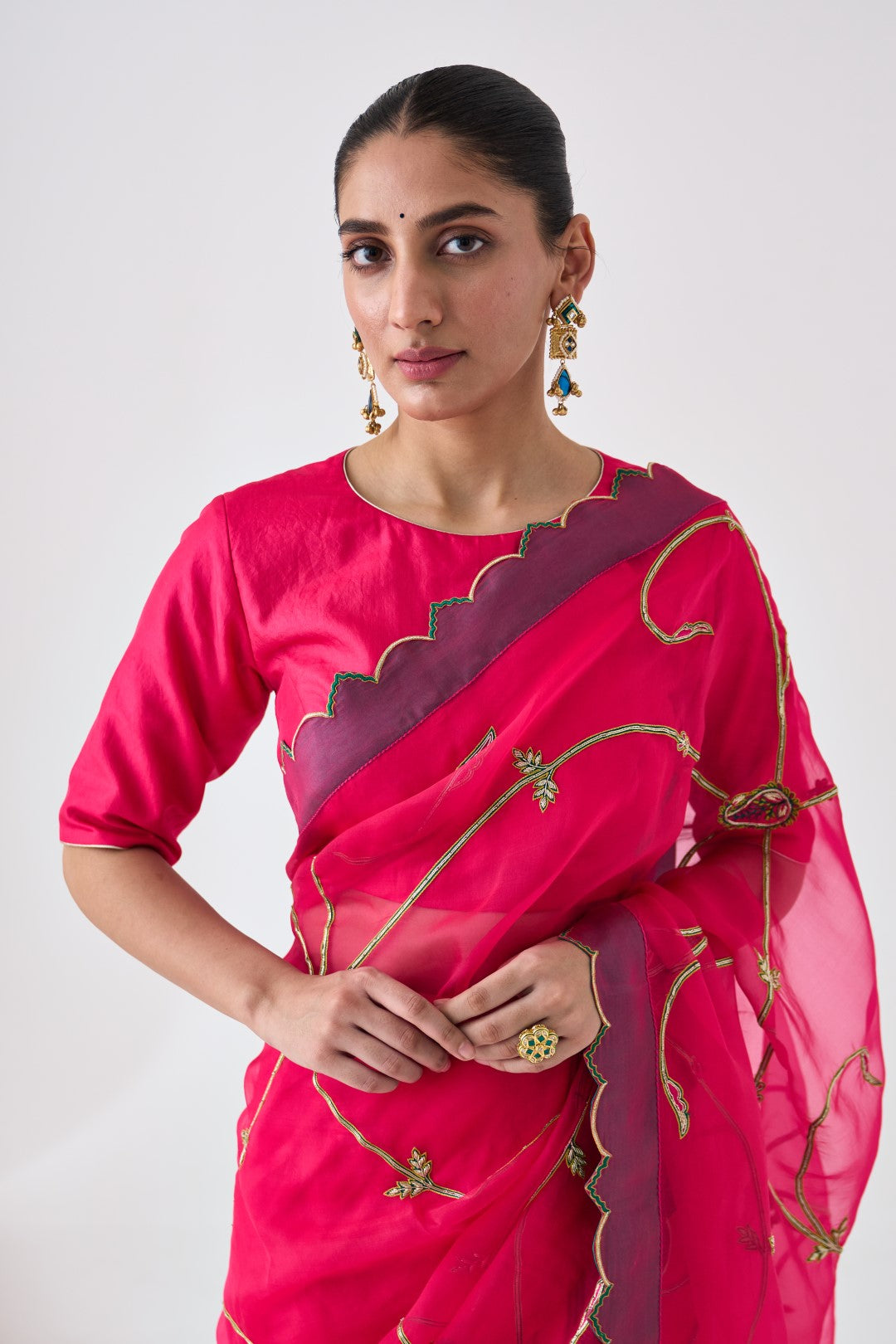Fuchsia Jaal Embroidered Saree Paired with Organic Cotton Petticoat (02 Pcs.)