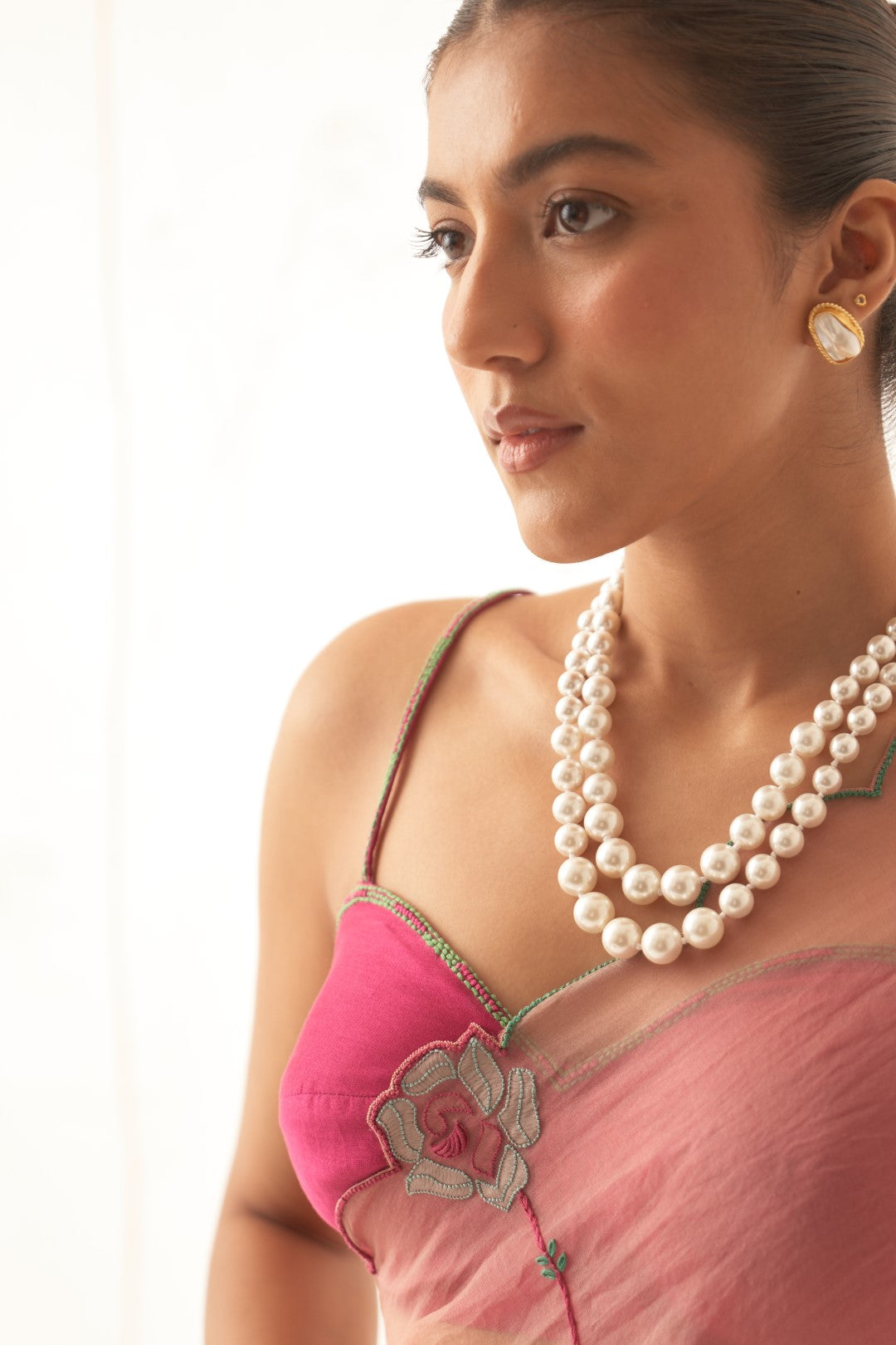 Peach Organza Saree with Embroidery Allover Comes With Chanderi Stitched Blouse and Organic Cotton Stitched Petticoat ( 03 Pcs. )