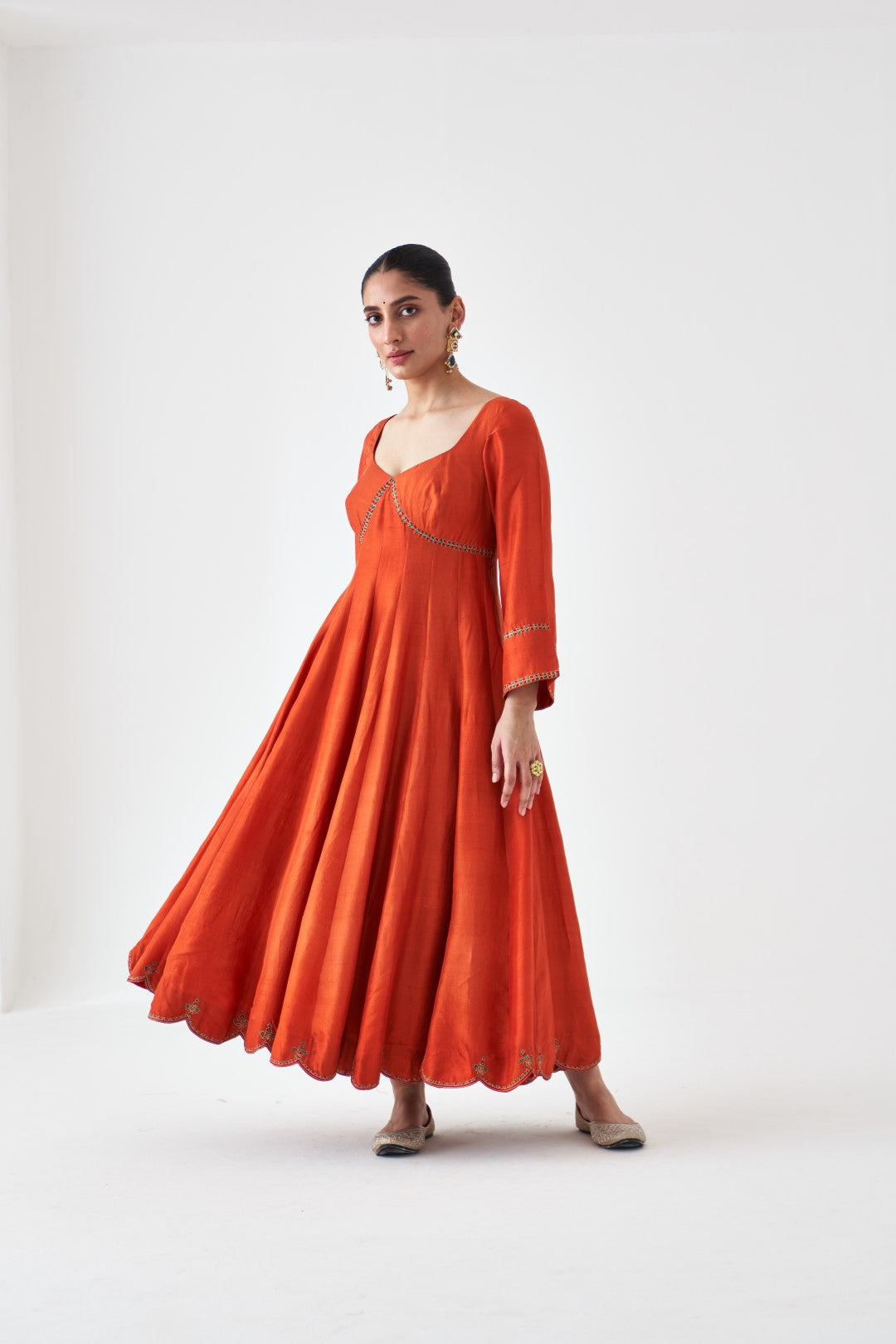 Rust Cotton Silk Embroidered Anarkali paired with pant and organza dupatta (03 Pcs.)