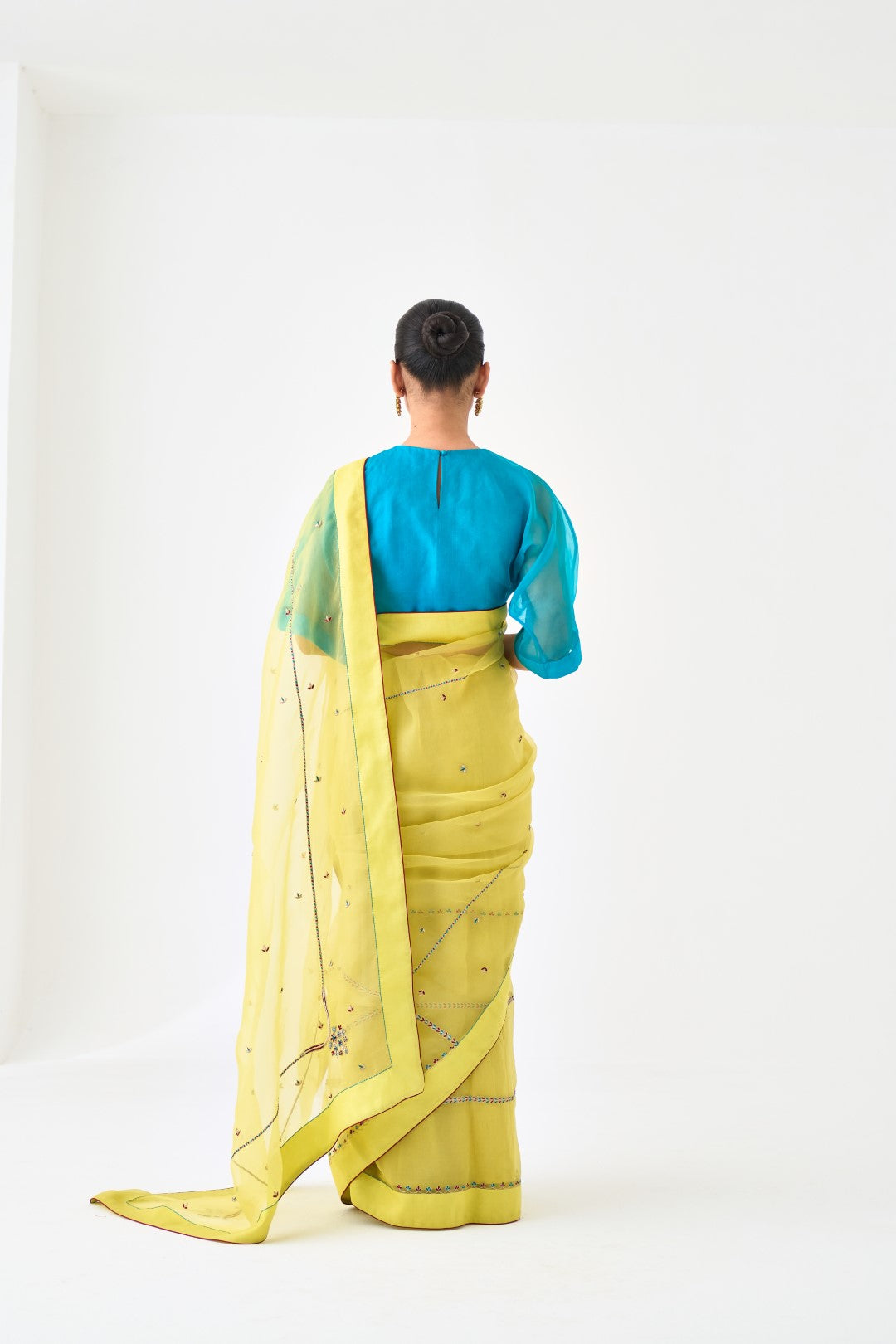 Yellow Organza Saree with Embroidery Paired with Organic Cotton Stitched Petticoat (2-Piece Set)