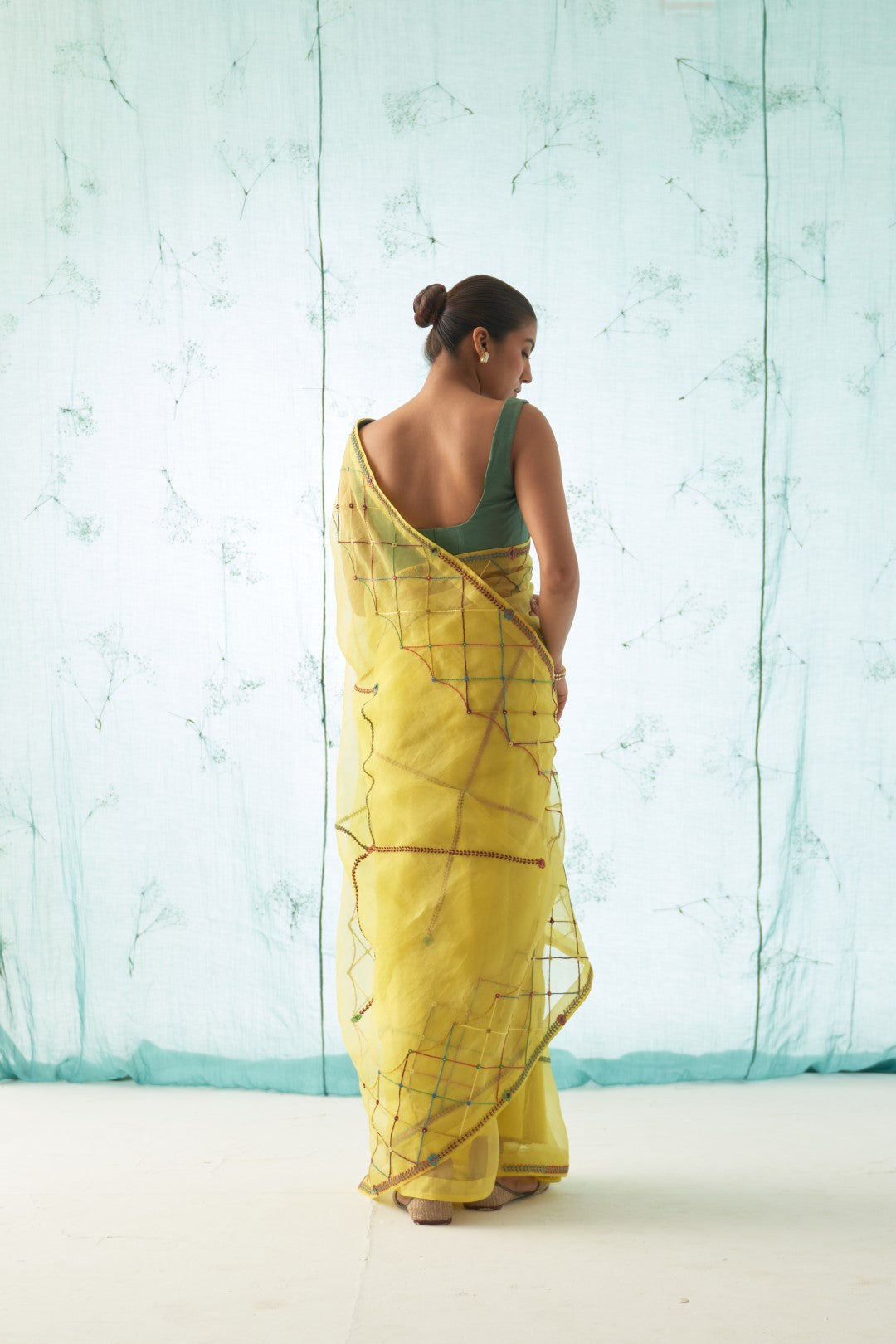 Yellow Organza Saree Set with Checkered Thread Work Comes With Stitched Chanderi Blouse and Organic Cotton Stitched Petticoat  ( 03 Pcs. )