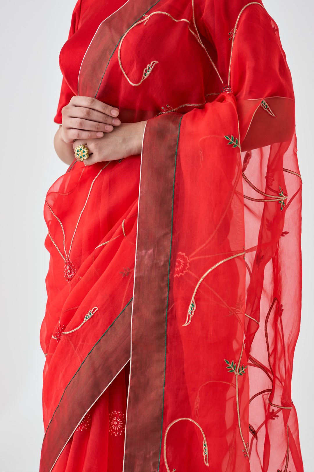 Red Organza Saree with Jaal Embroidery and Organic Cotton Stitched Petticoat (2-Piece Set)